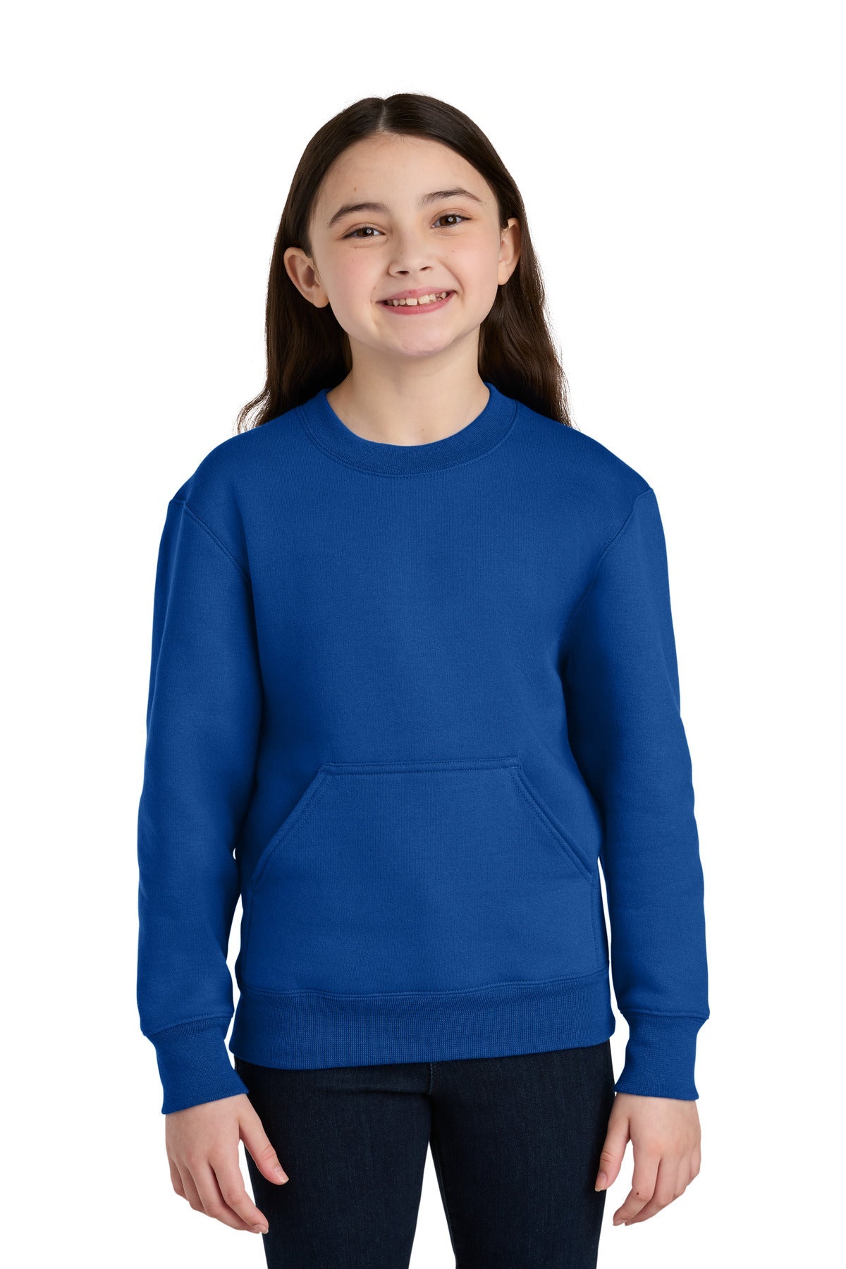 Front View of TrueRoyal Port & Co Youth Core Fleece Crewneck Pocket Sweatshirt PC78YPKT