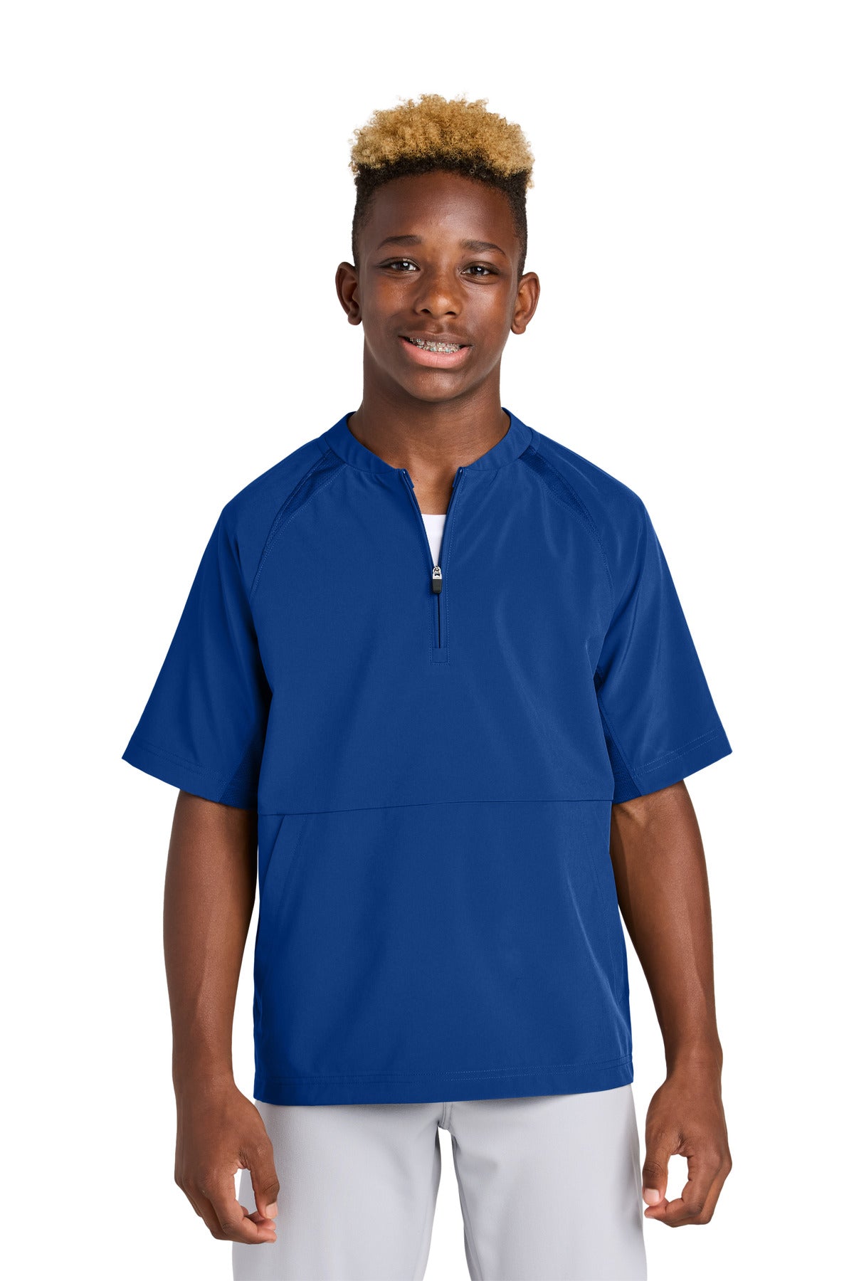 Front View of TrueRoyal Sport-Tek Youth Repeat 1/2-Zip Short Sleeve Jacket YJST489