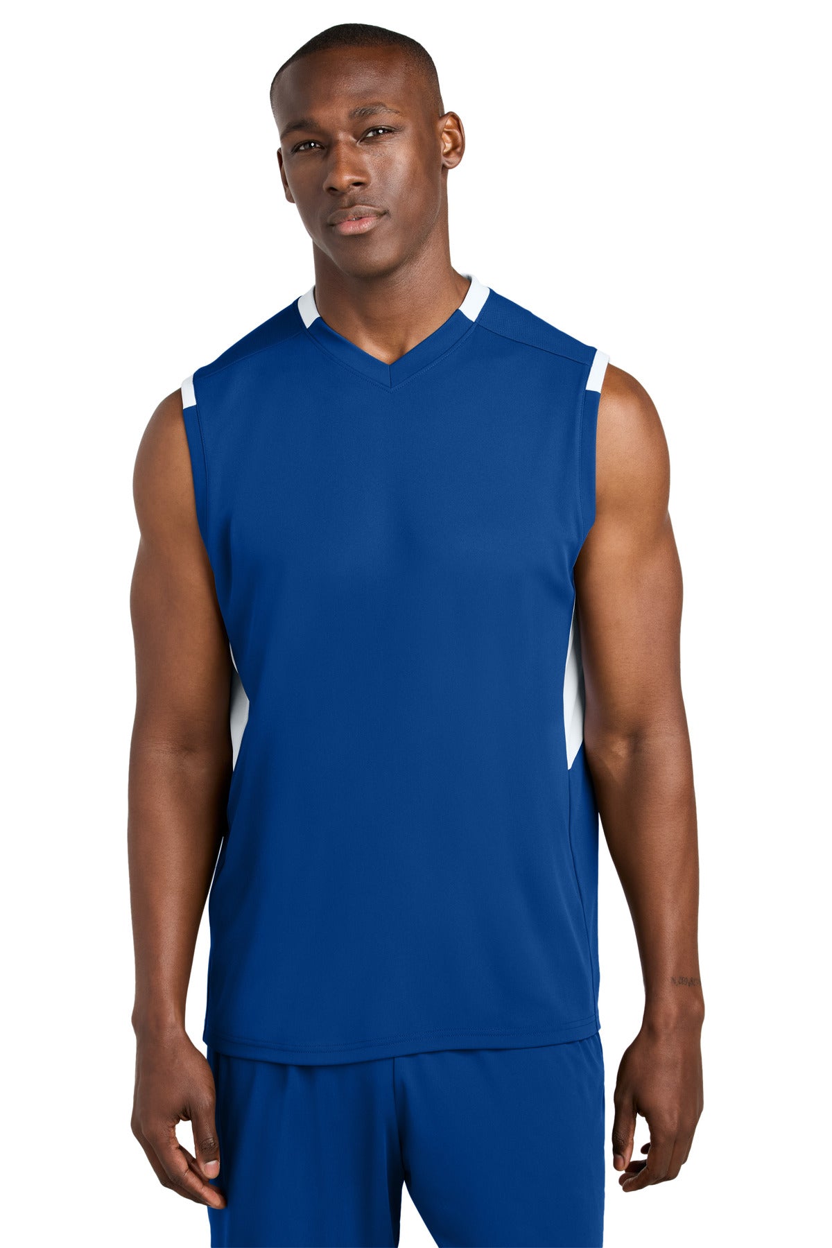 Front View of TRy/White Sport-Tek Club Sleeveless V-Neck ST441