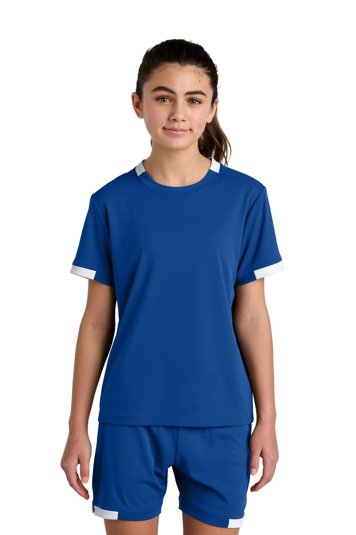 Front View of TRy/White Sport-Tek Youth Club Short Sleeve Crew YST440