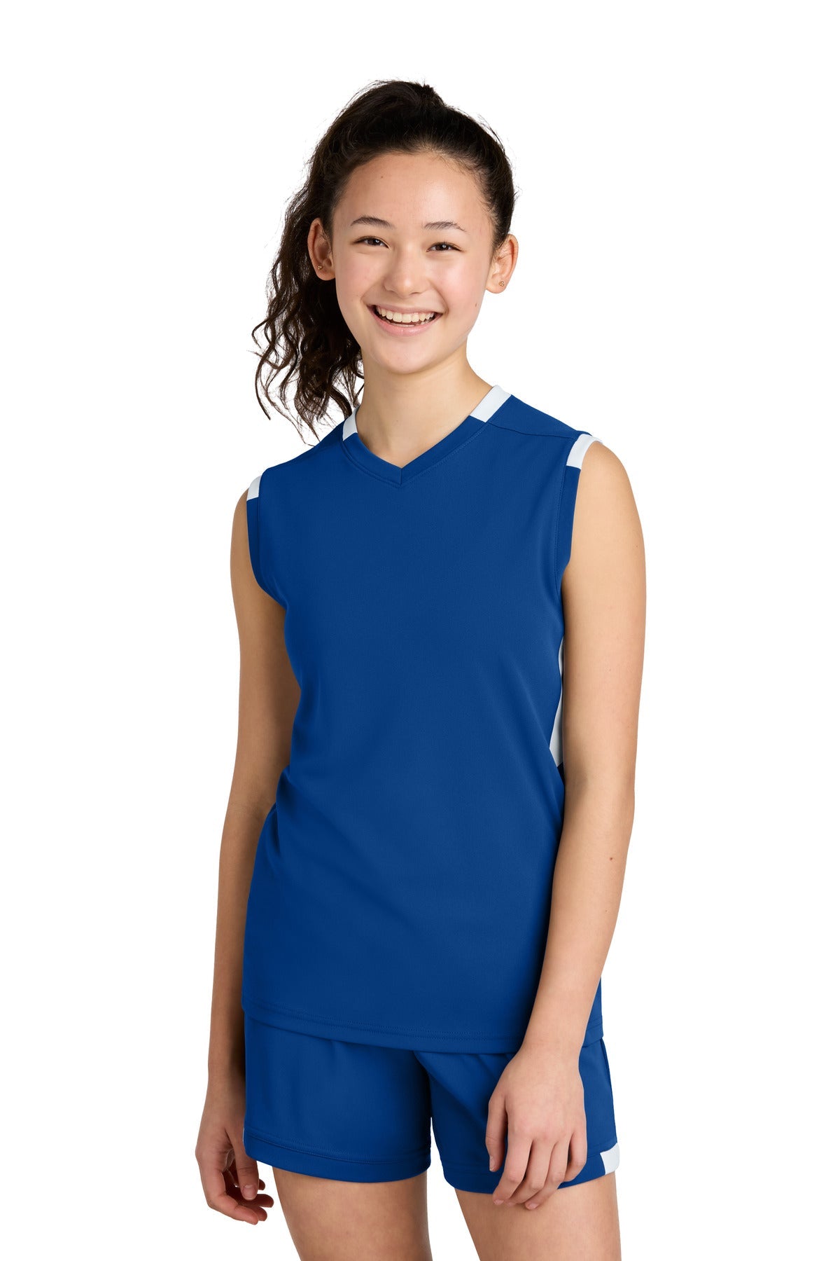Front View of TRy/White Sport-Tek Youth Club Sleeveless V-Neck YST441