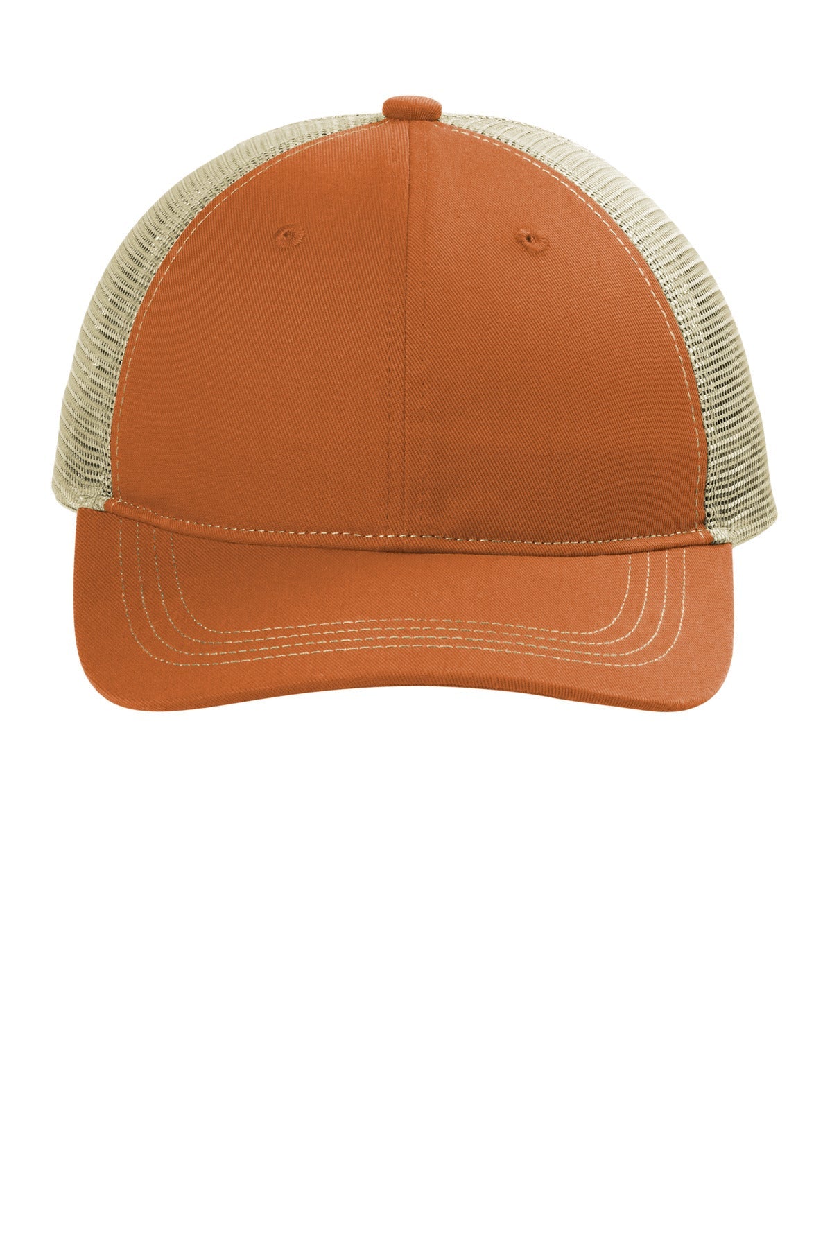 Front View of TxOrg/Tan Port Authority Unstructured Snapback Trucker Cap C409