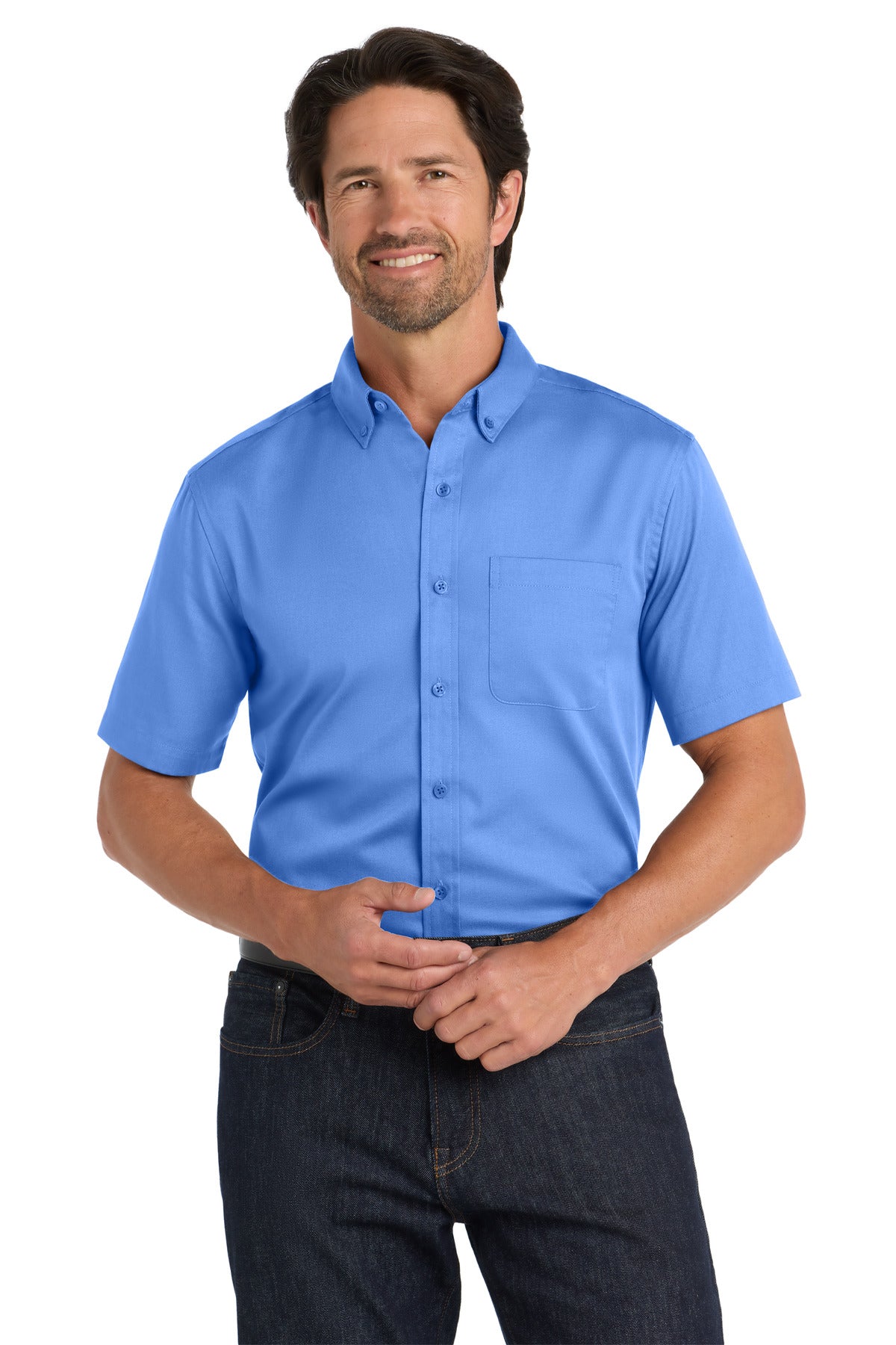 Front View of UltramrnBl Port Authority Short Sleeve SuperPro React Twill Shirt. W809