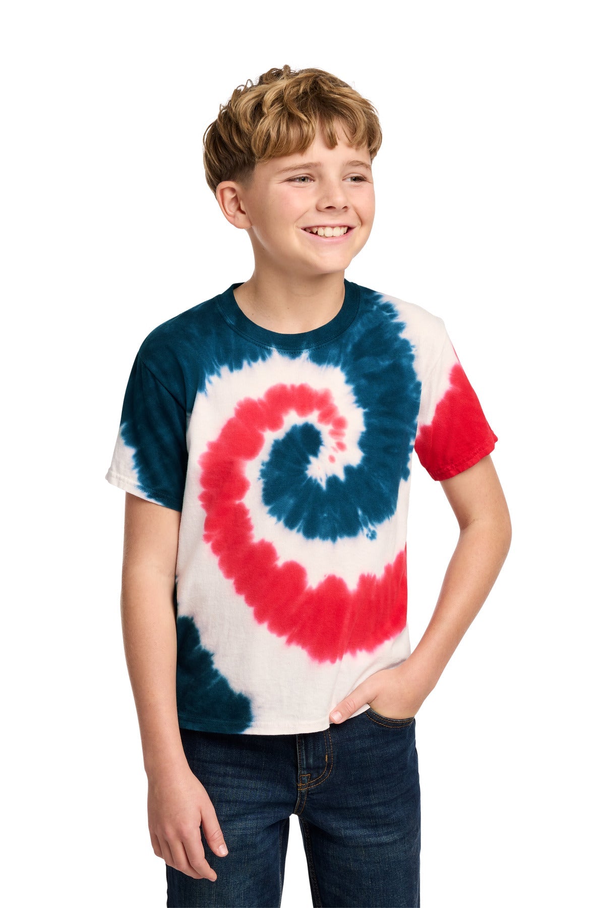 Front View of USA Rainbow Port & Co Youth Tie-Dye Tee. PC147Y