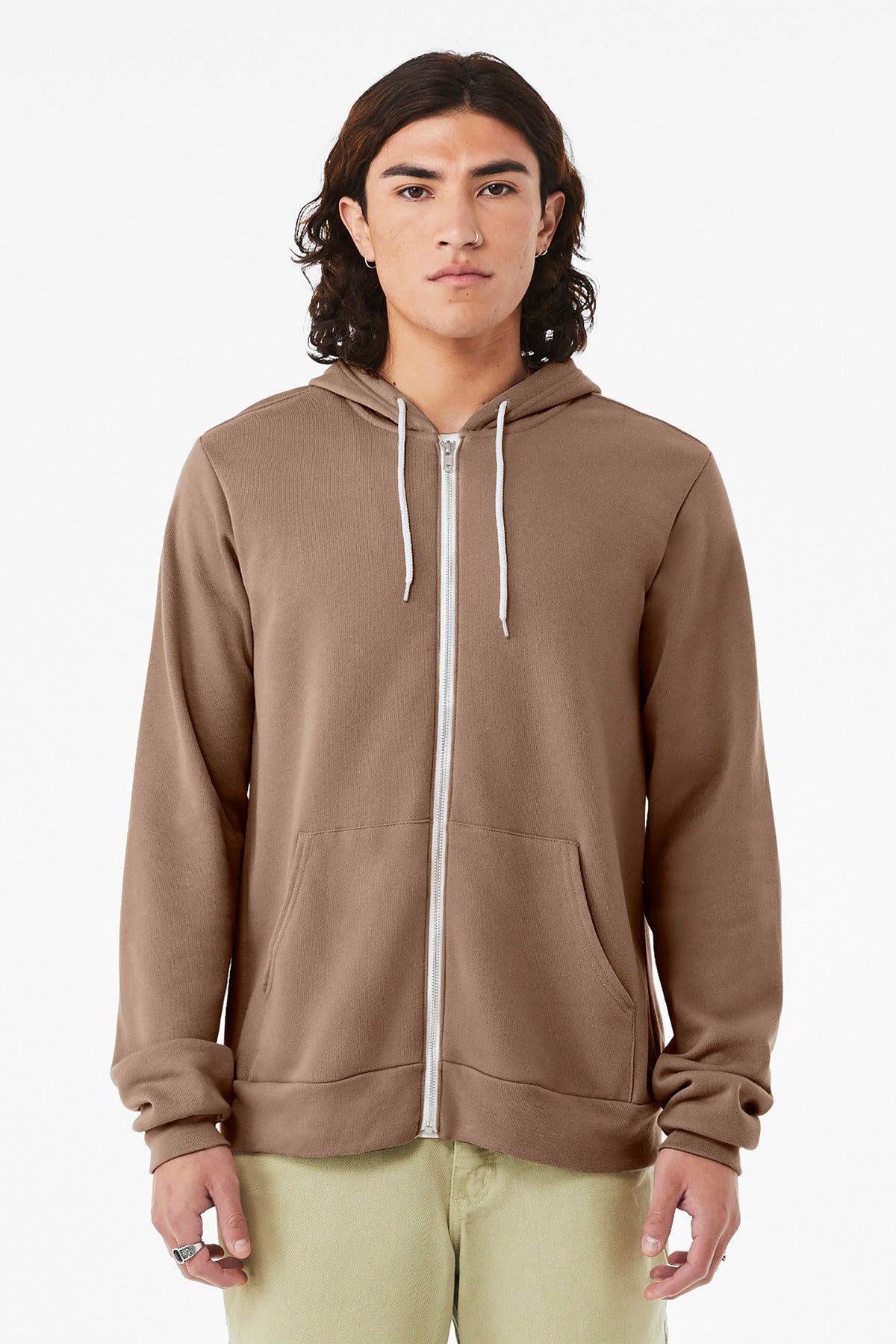 Front View of VintageBrn BELLA+CANVAS Unisex Sponge Fleece Full-Zip Hoodie. BC3739