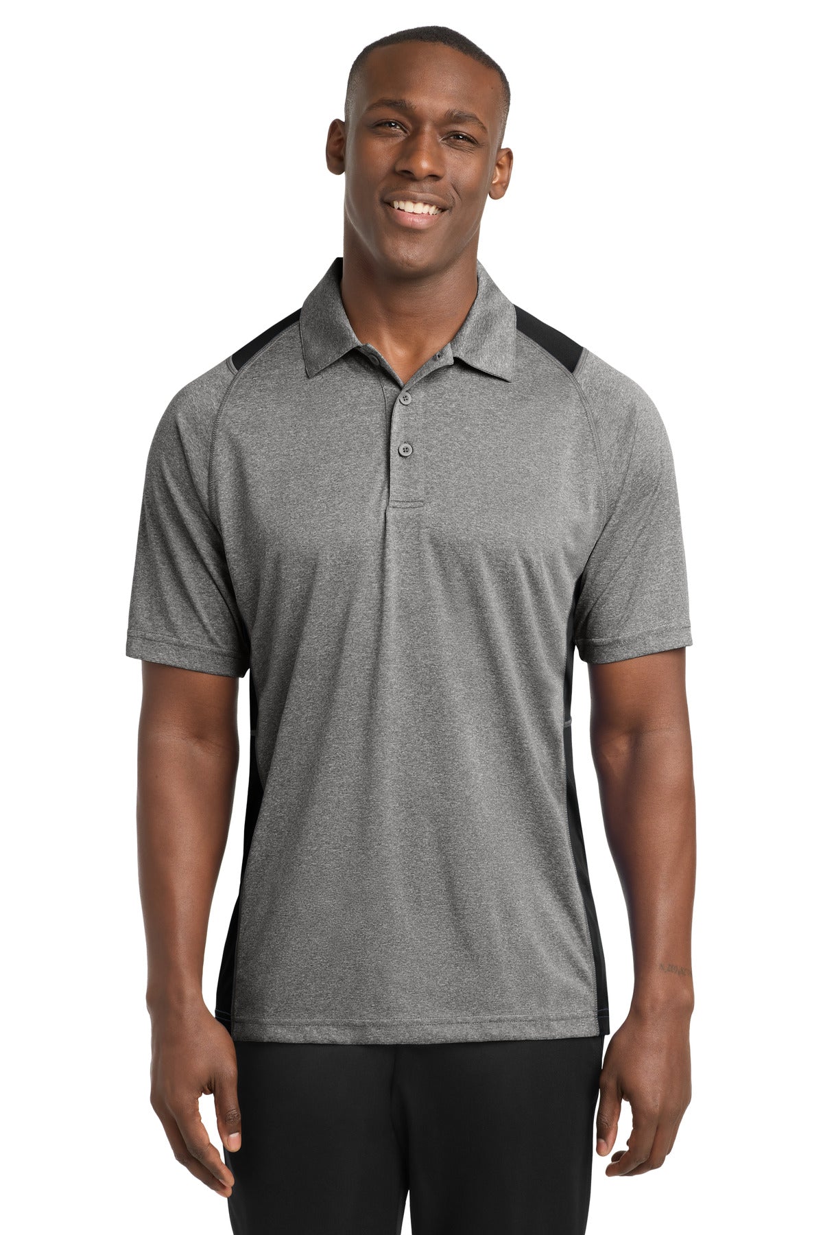 Front View of Vnt He/Black Sport-Tek Heather Colorblock Contender Polo. ST665