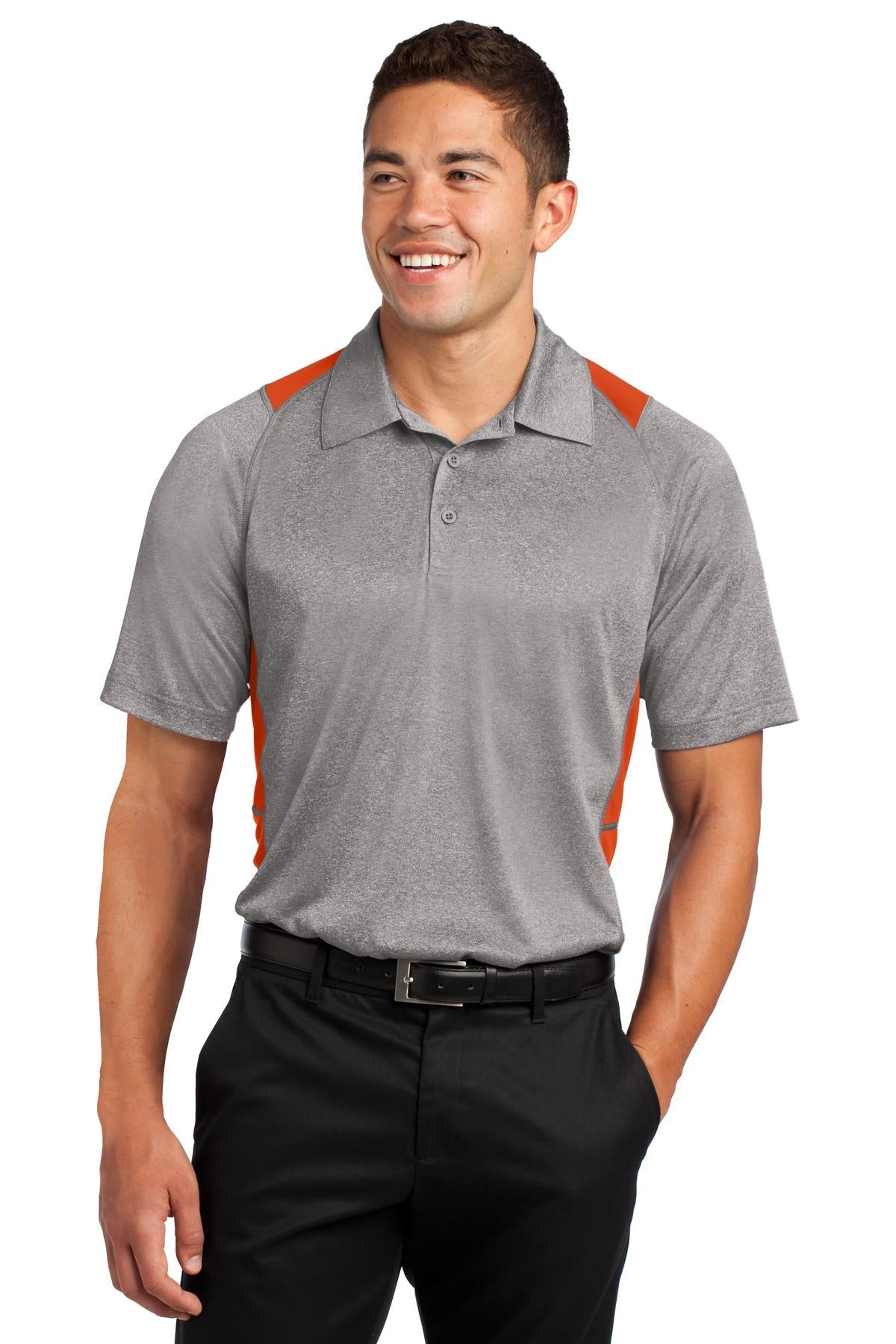 Front View of Vnt He/Dp Orng Sport-Tek Heather Colorblock Contender Polo. ST665