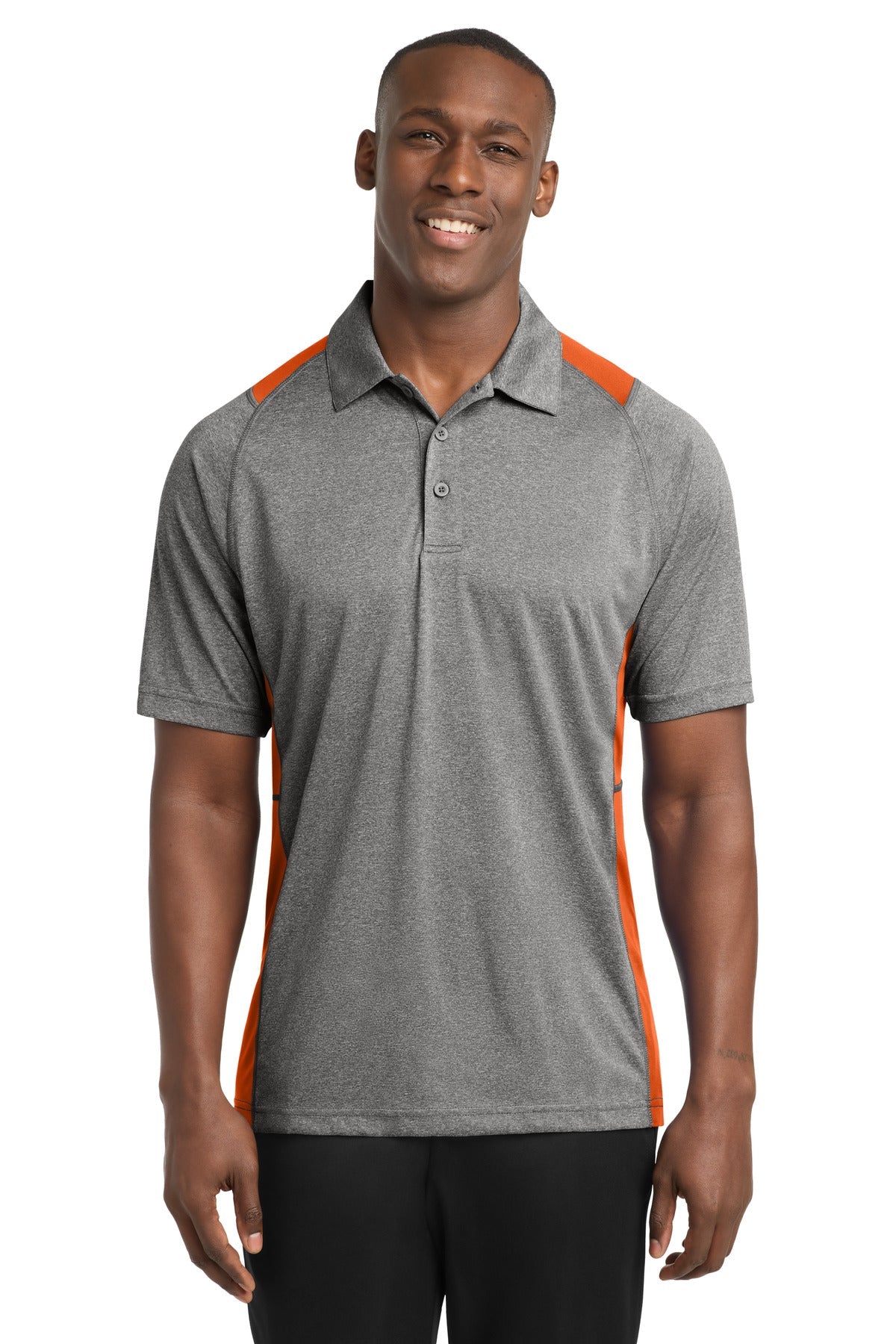 Front View of Vnt He/Dp Orng Sport-Tek Heather Colorblock Contender Polo. ST665