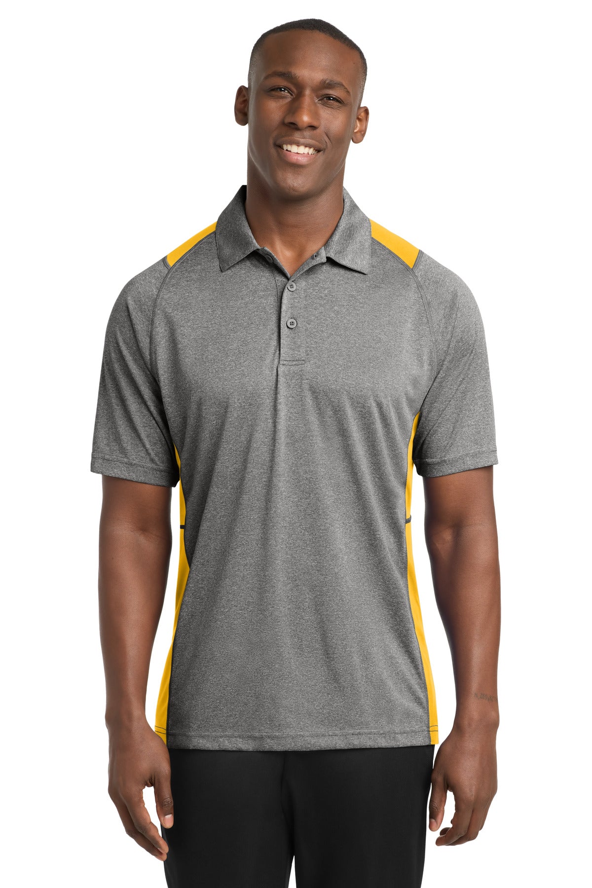 Front View of Vnt He/Gold Sport-Tek Heather Colorblock Contender Polo. ST665