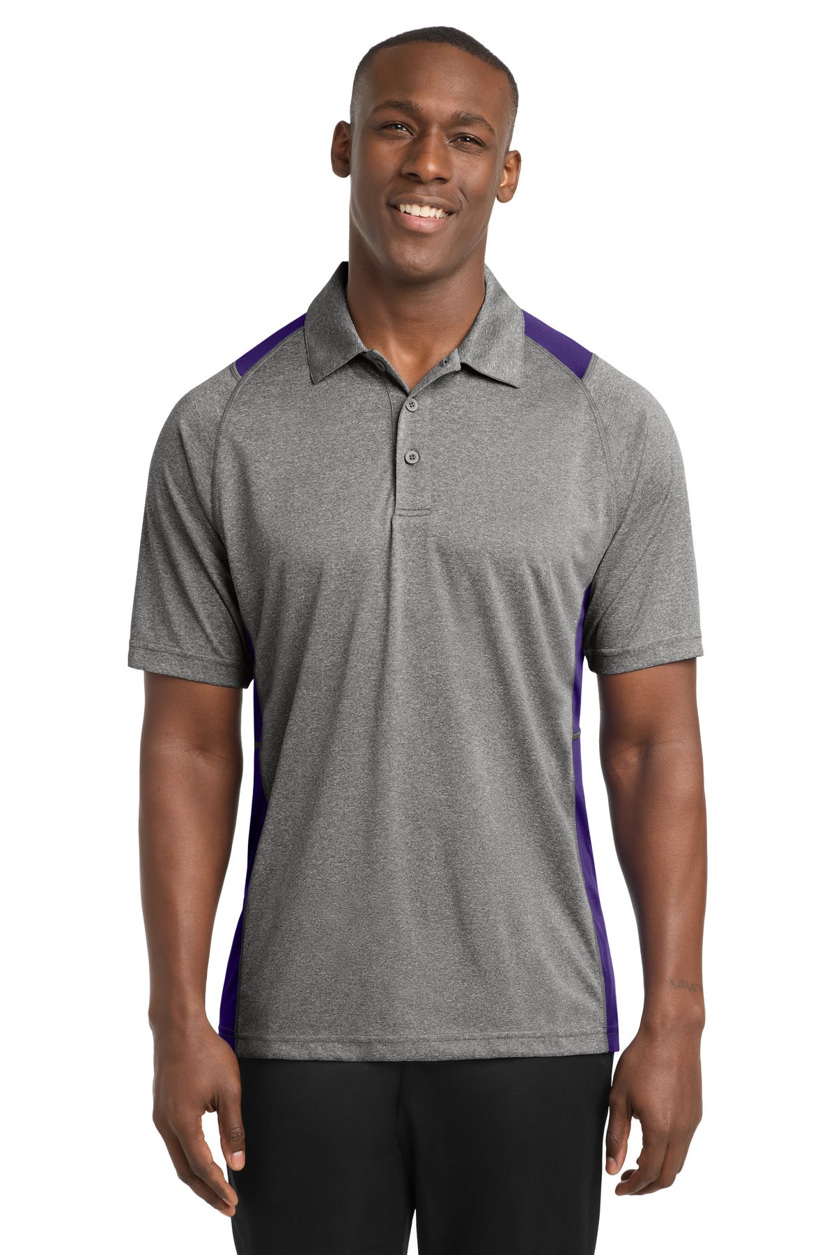 Front View of Vnt He/Purple Sport-Tek Heather Colorblock Contender Polo. ST665