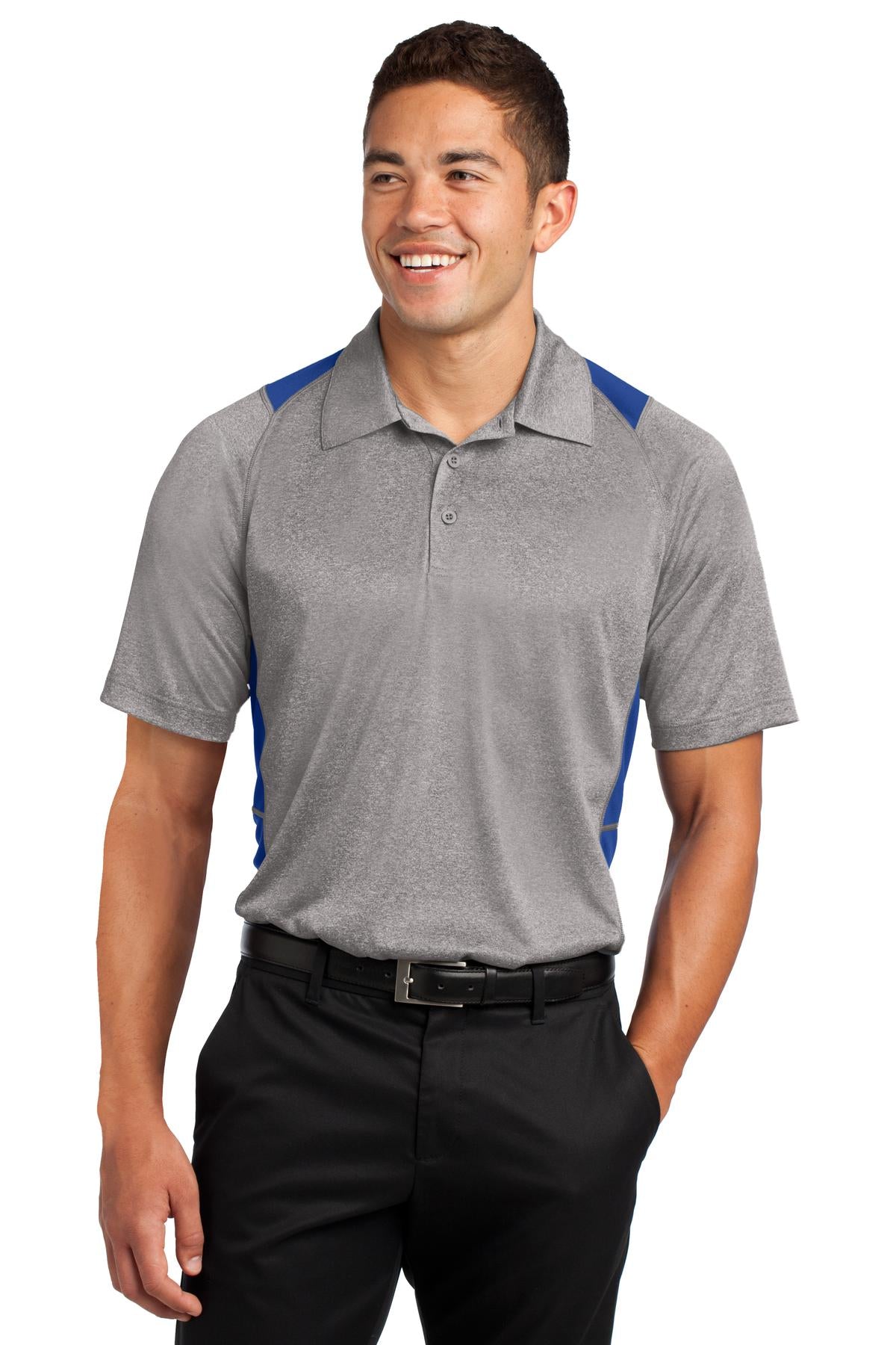 Front View of Vnt He/Tr Royl Sport-Tek Heather Colorblock Contender Polo. ST665