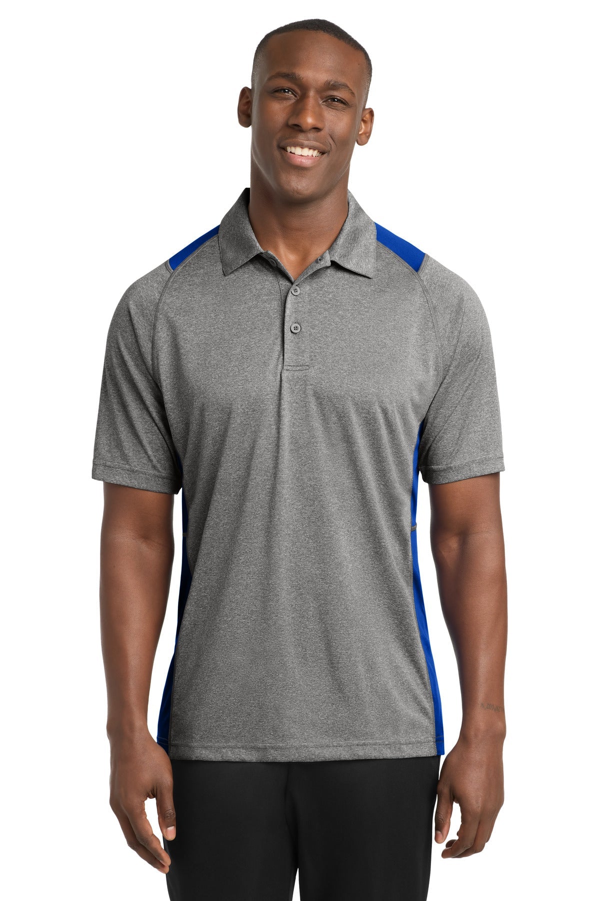 Front View of Vnt He/Tr Royl Sport-Tek Heather Colorblock Contender Polo. ST665