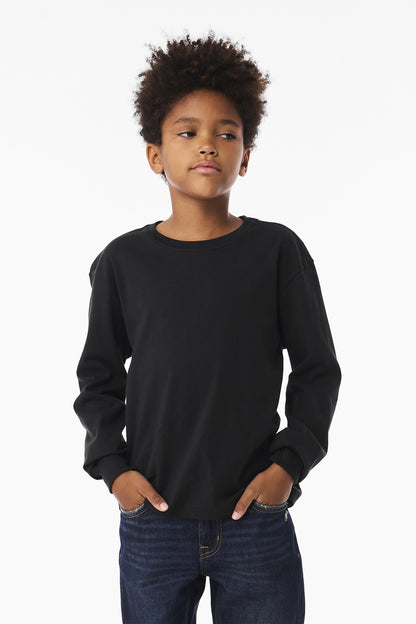 Front View of VtgBlack BELLA+CANVAS Youth 6-Ounce Heavyweight Long Sleeve Tee BC3511Y