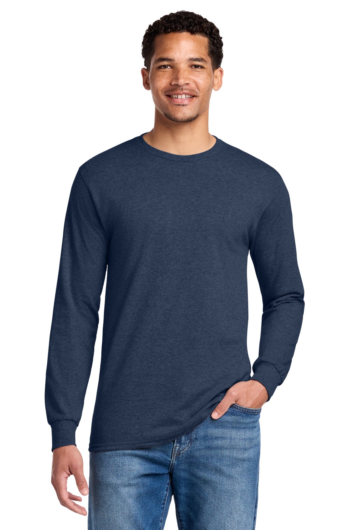 Front View of VtgHtrNavy Jerzees - Dri-Power 50/50 Cotton/Poly Long Sleeve T-Shirt. 29LS