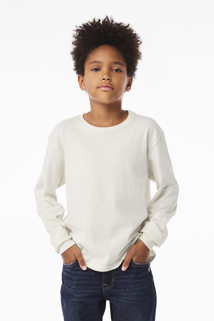 Front View of VtgWhite BELLA+CANVAS Youth 6-Ounce Heavyweight Long Sleeve Tee BC3511Y