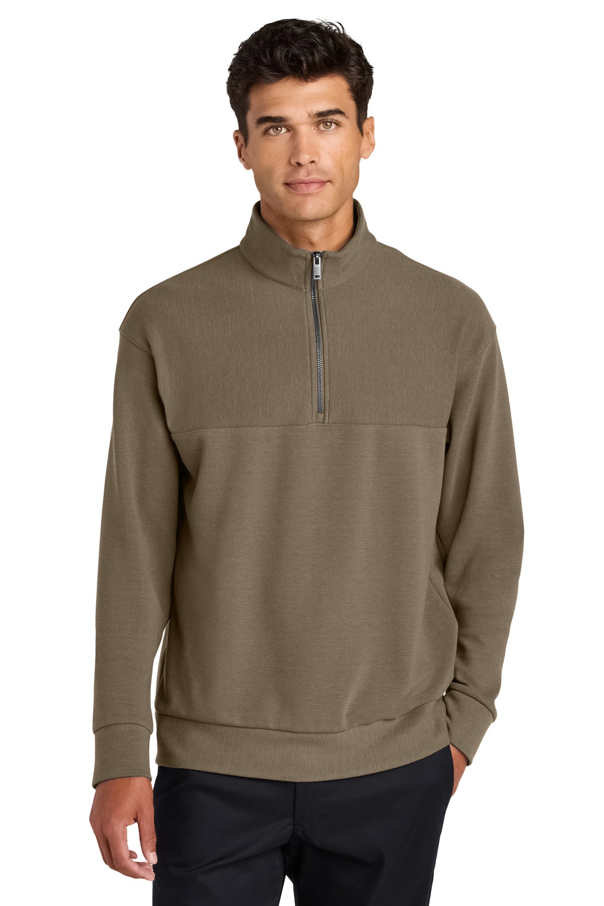 Front View of WarmTaupe Mercer+Mettle Linear Texture 1/4-Zip MM3040