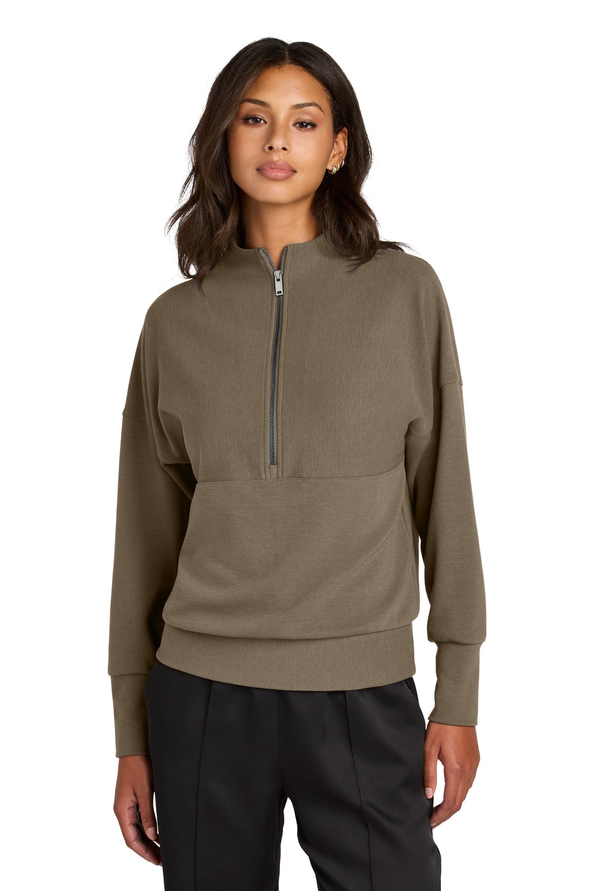 Front View of WarmTaupe Mercer+Mettle Women's Linear Texture 1/4-Zip MM3041