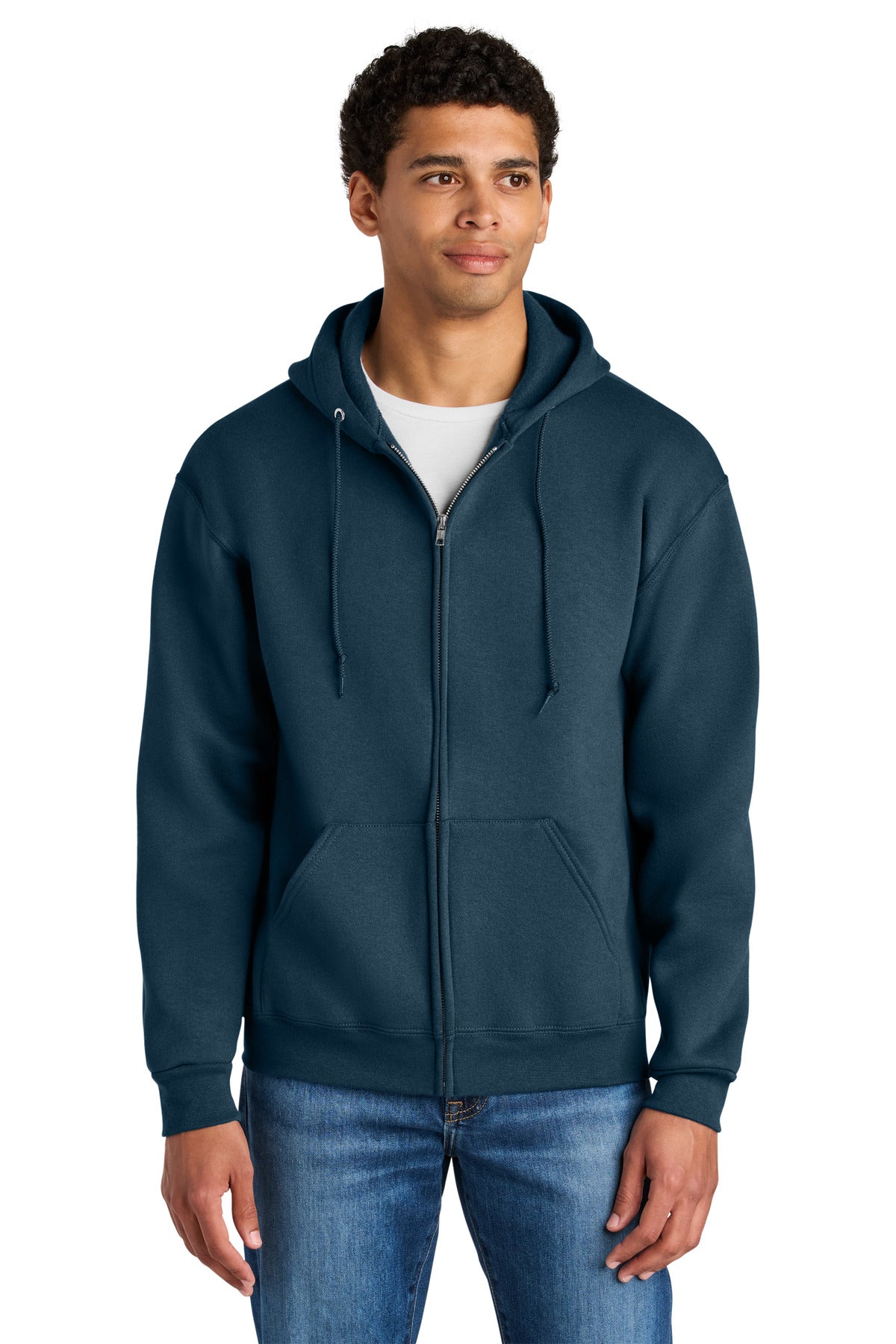 Front View of WashedNavy Jerzees Rugged Unisex Full-Zip Hooded Sweatshirt Z12M