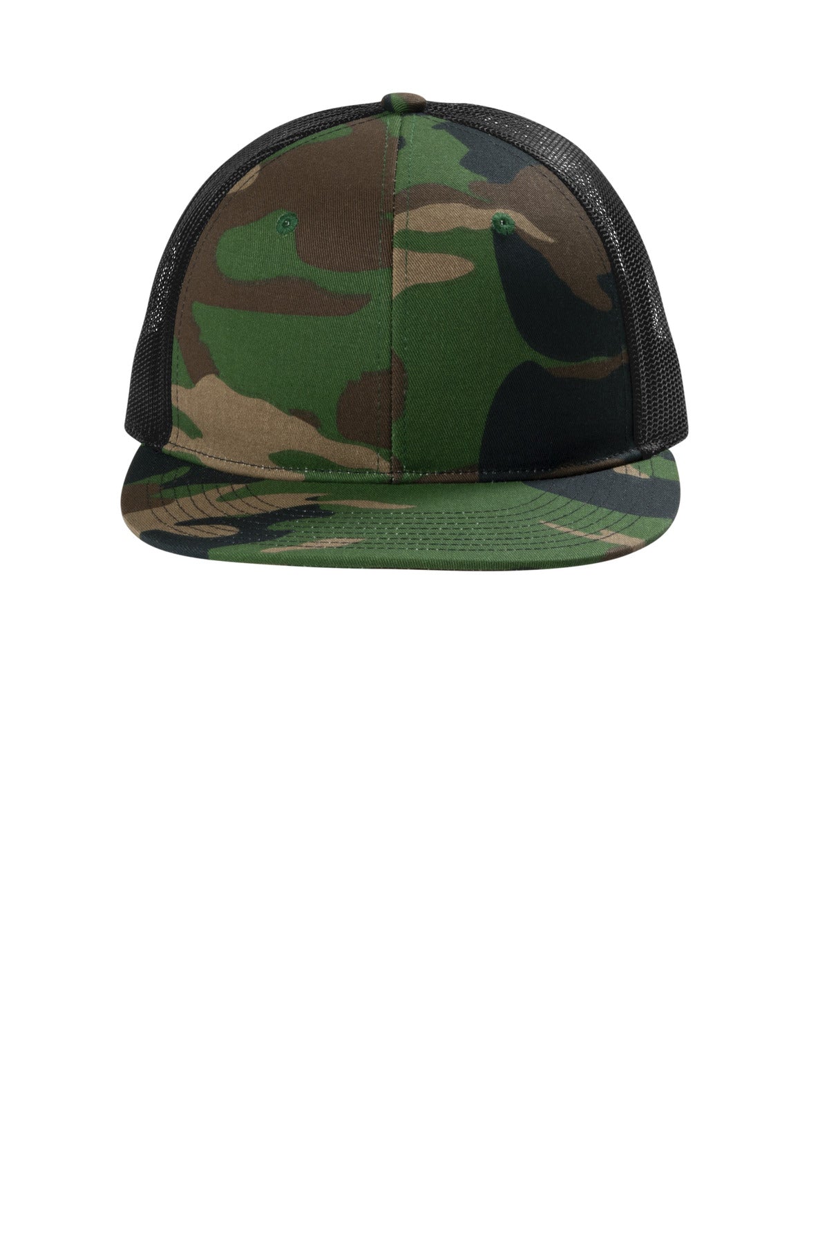 Front View of WdlndCm/Bk Port Authority Snapback Flat Bill Trucker Cap C407
