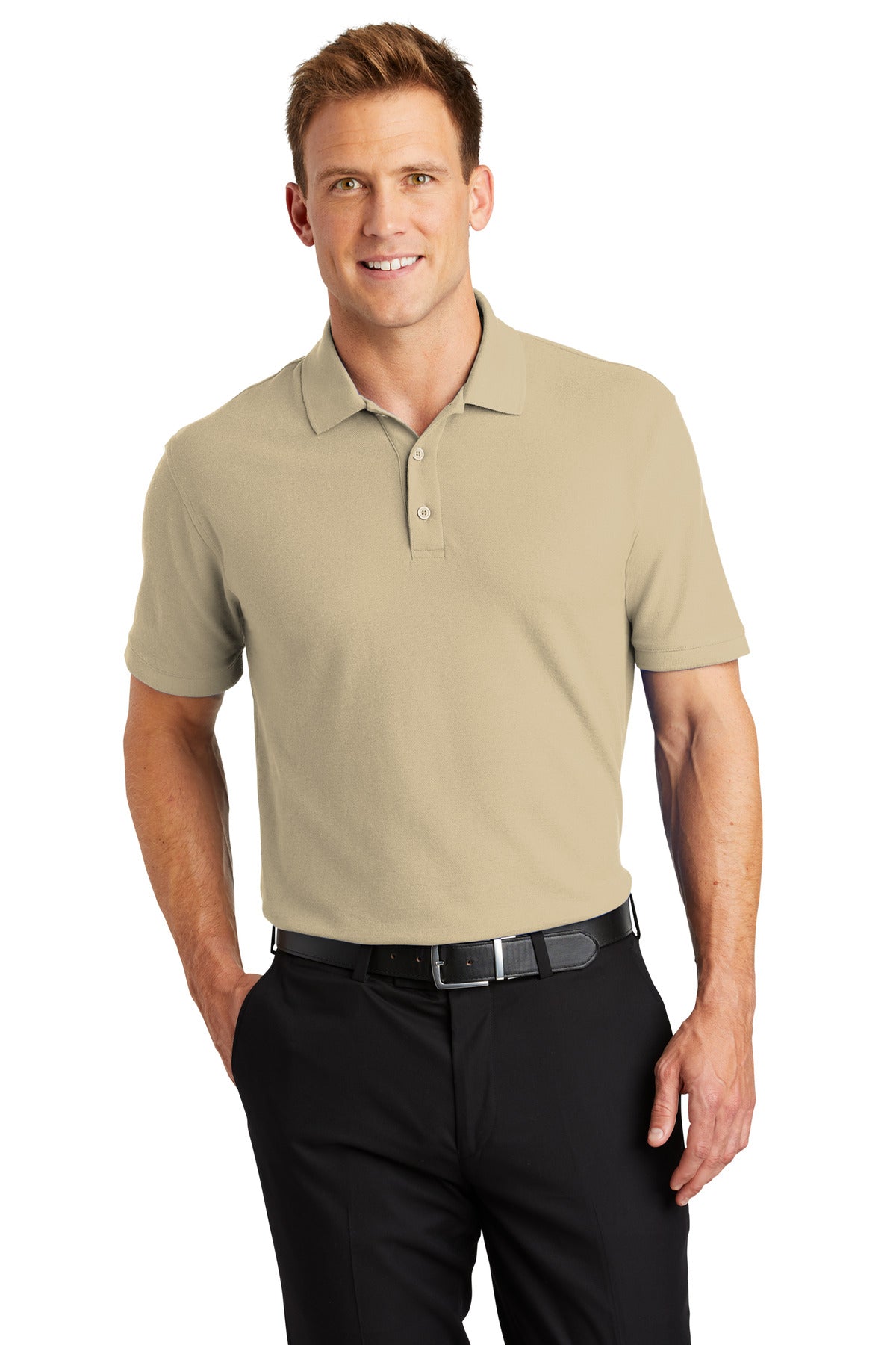 Front View of Wheat Port Authority Core Classic Pique Polo. K100