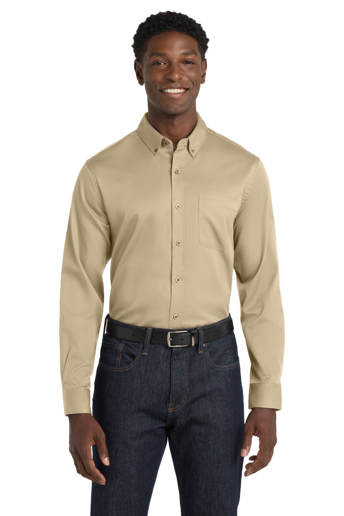Front View of Wheat Port Authority Long Sleeve SuperPro React Twill Shirt. W808