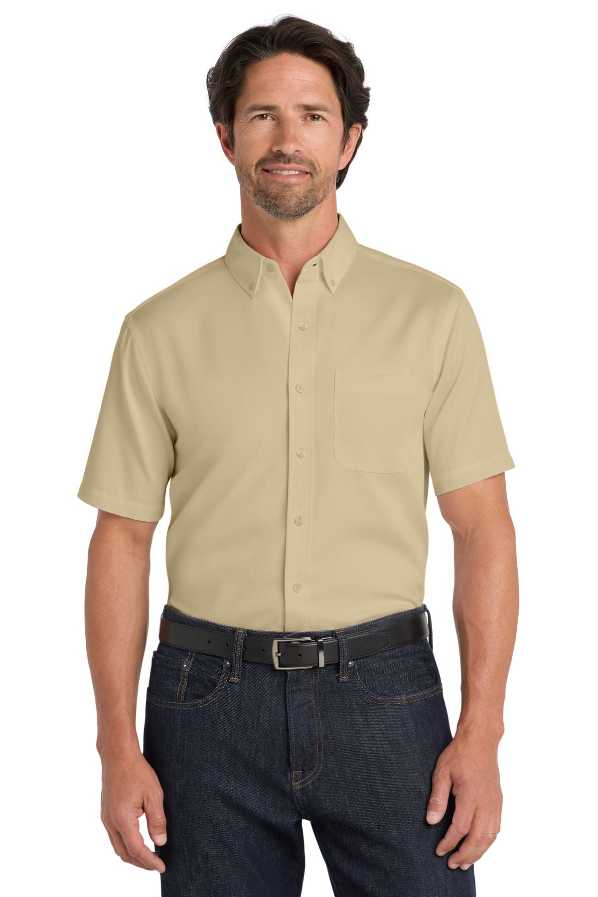 Front View of Wheat Port Authority Short Sleeve SuperPro React Twill Shirt. W809