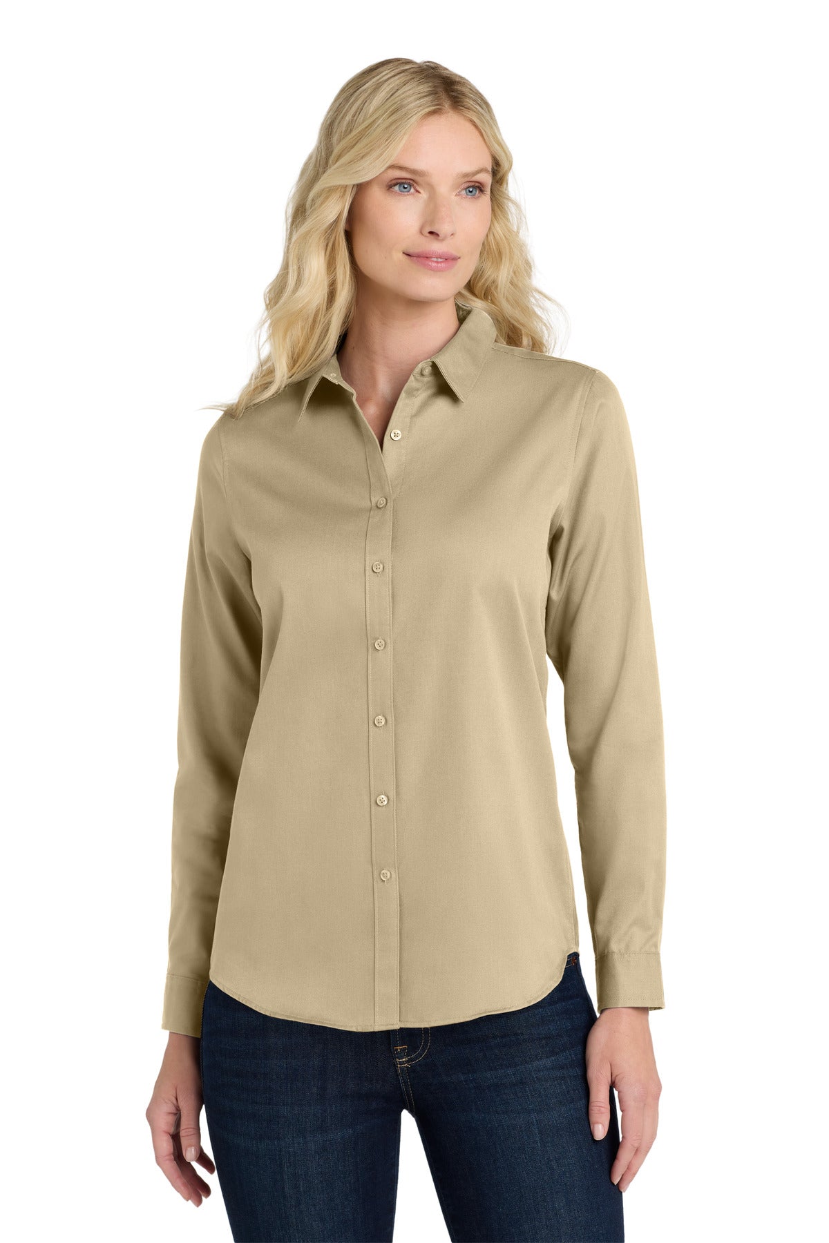 Front View of Wheat Port Authority Women's Long Sleeve SuperPro React Twill Shirt. LW808