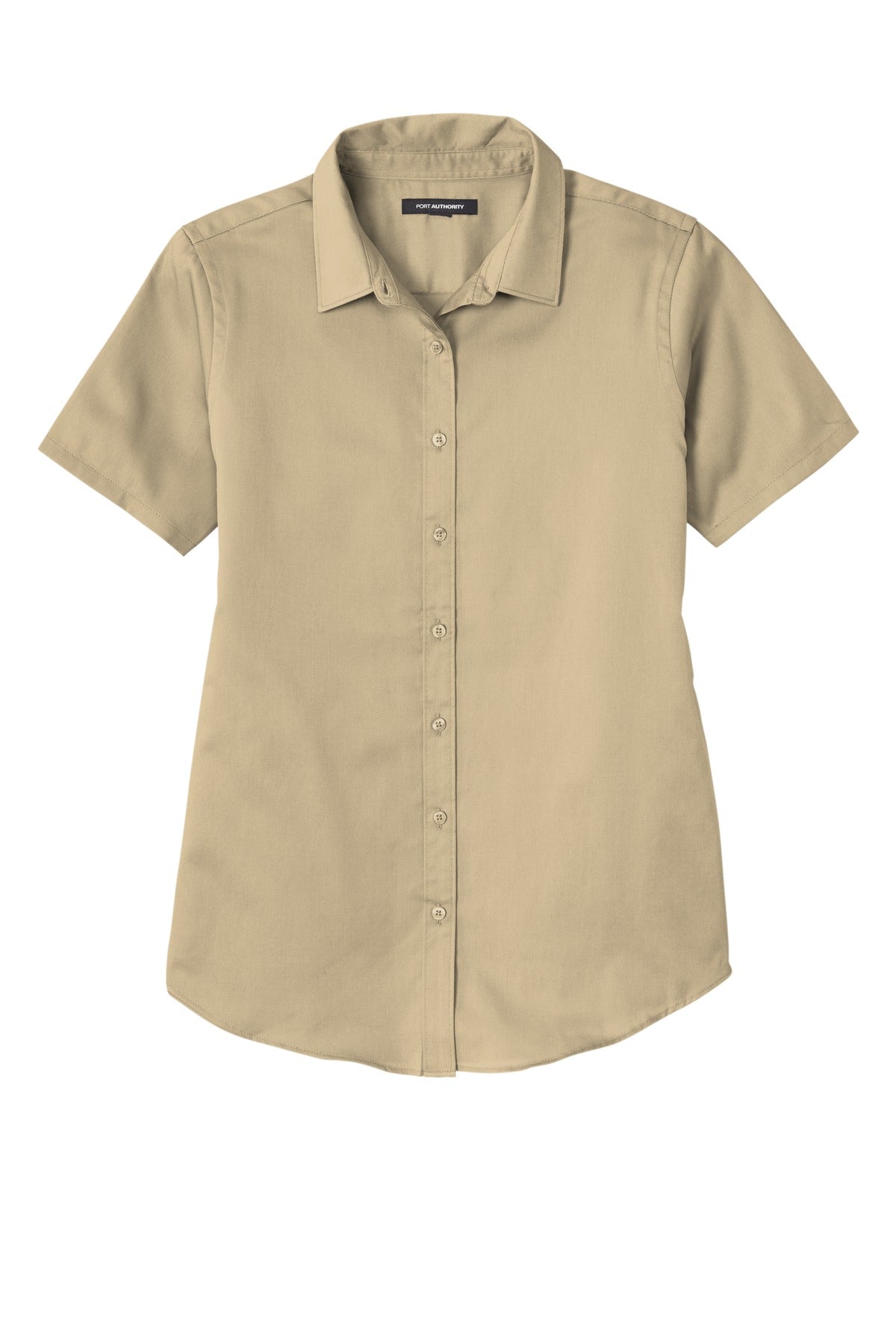 Front View of Wheat Port Authority Women's Short Sleeve SuperPro React Twill Shirt. LW809