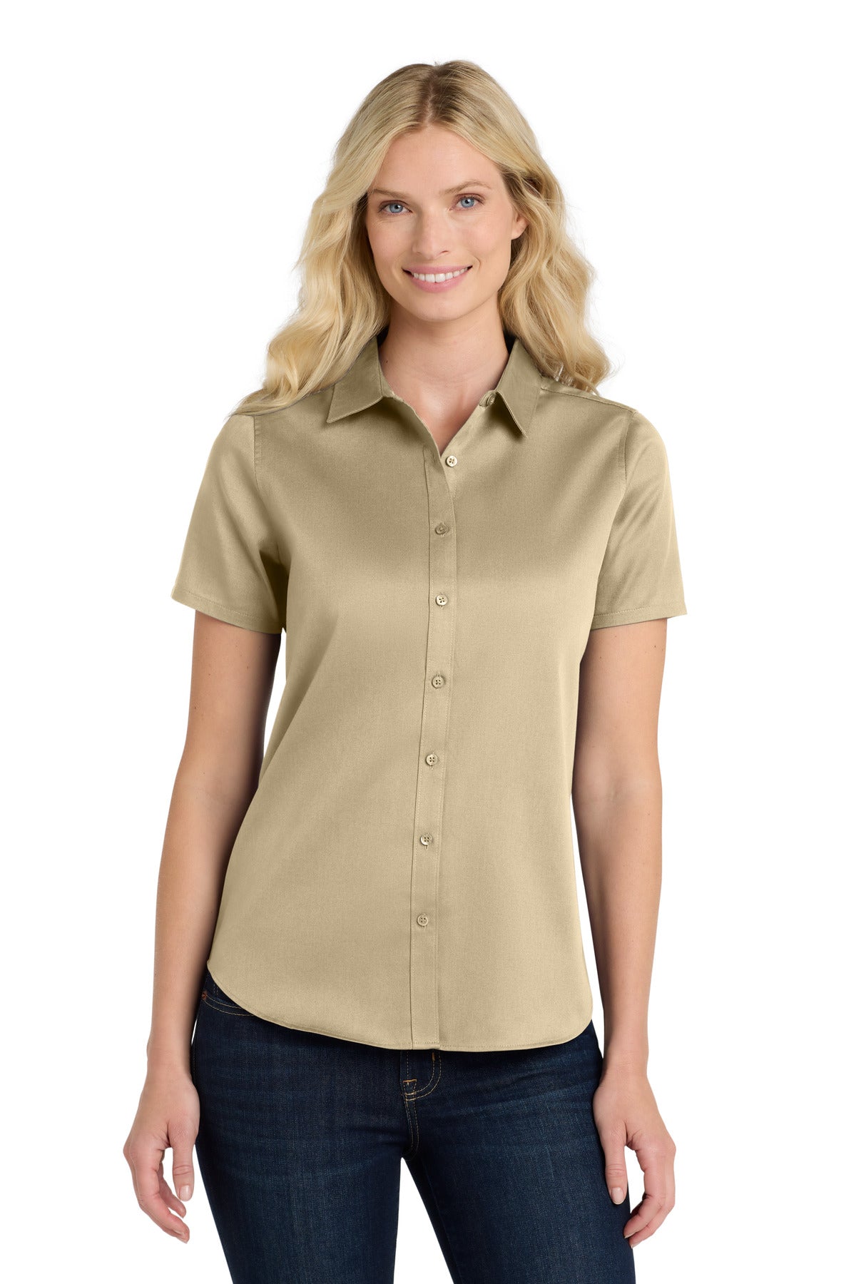 Front View of Wheat Port Authority Women's Short Sleeve SuperPro React Twill Shirt. LW809