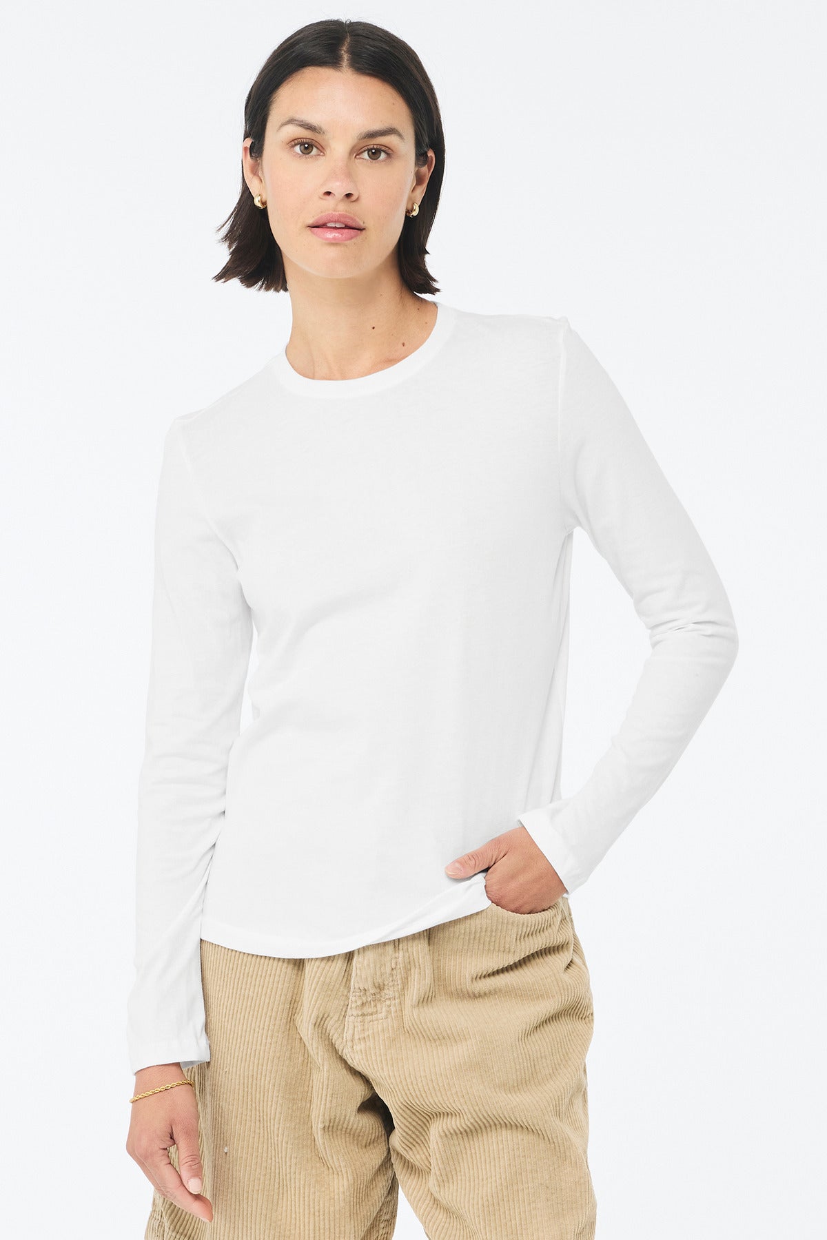 Front View of White BELLA+CANVAS Women's Jersey Long Sleeve Tee BC6500