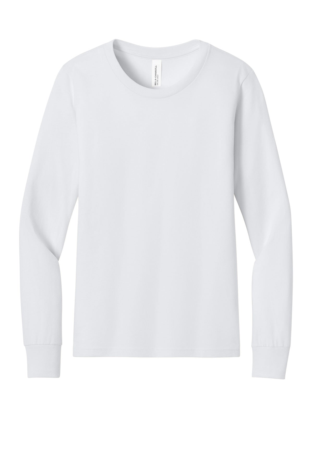 Front View of White BELLA+CANVAS Youth Jersey Long Sleeve Tee BC3501Y