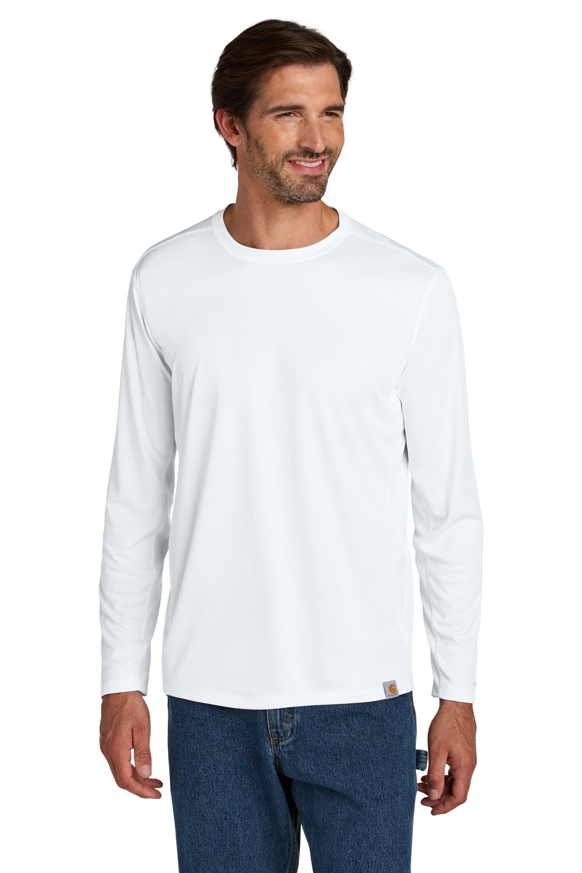 Front View of White Carhartt Force Sun Defender Long Sleeve T-Shirt CT106972