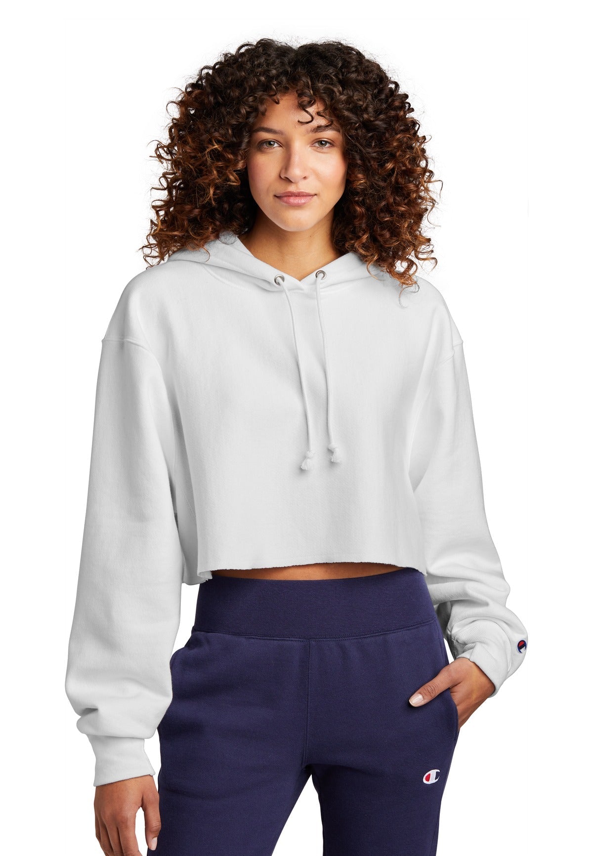 Front View of White Champion Women's Reverse Weave Cropped Cut-Off Hooded Sweatshirt RW01W
