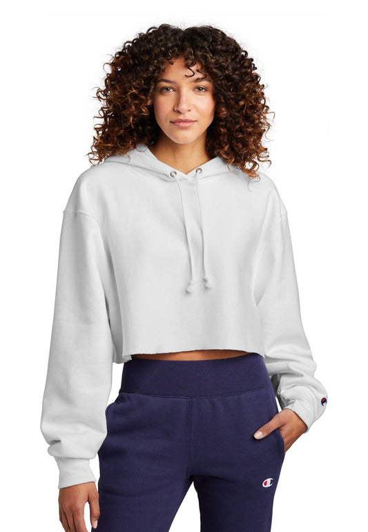 Front View of White Champion Women's Reverse Weave Cropped Cut-Off Hooded Sweatshirt RW01W
