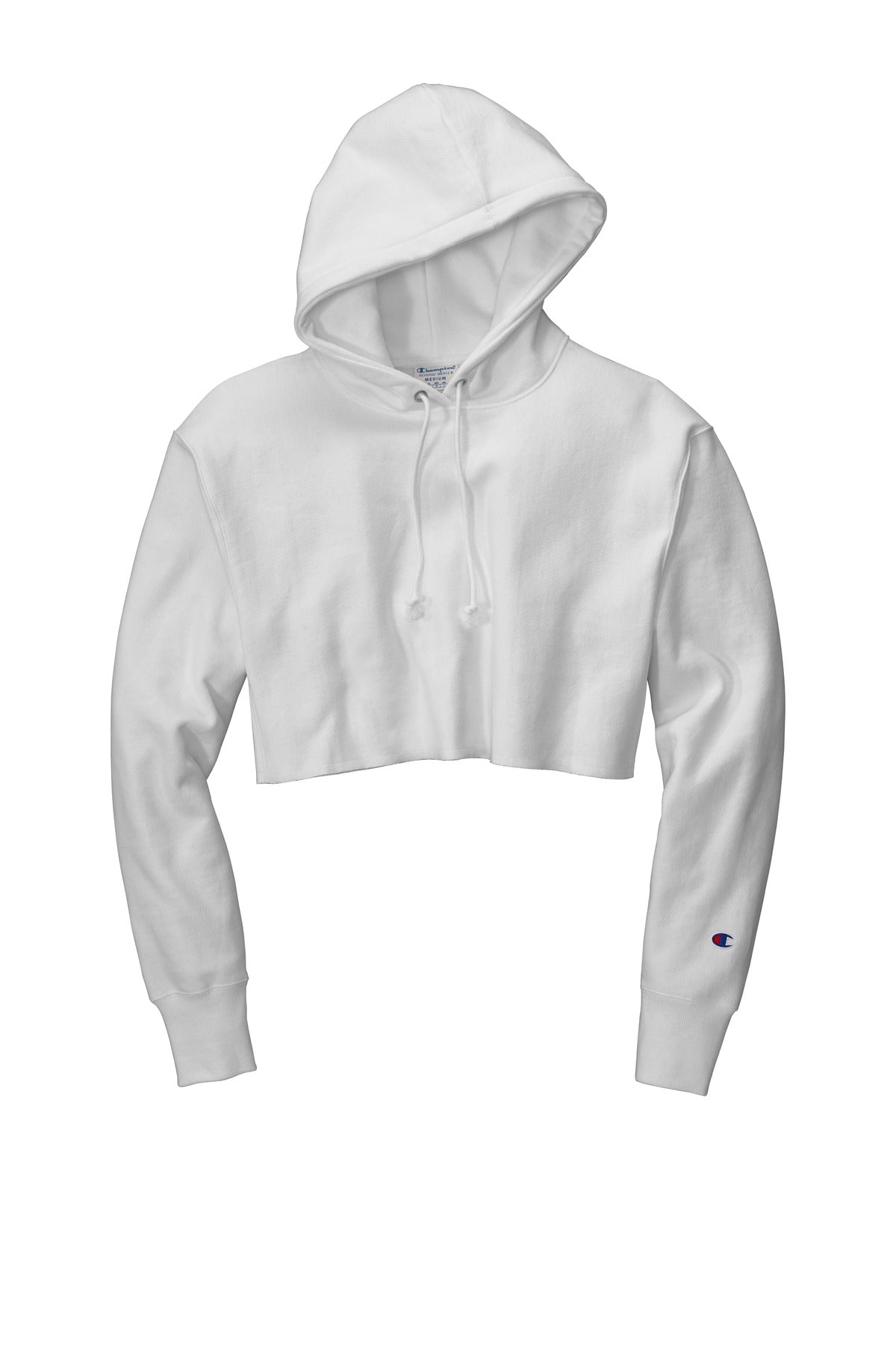 Front View of White Champion Women's Reverse Weave Cropped Cut-Off Hooded Sweatshirt RW01W