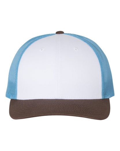 Front View of White/ Columbia Blue/ Brown Low Pro Trucker Cap - 115