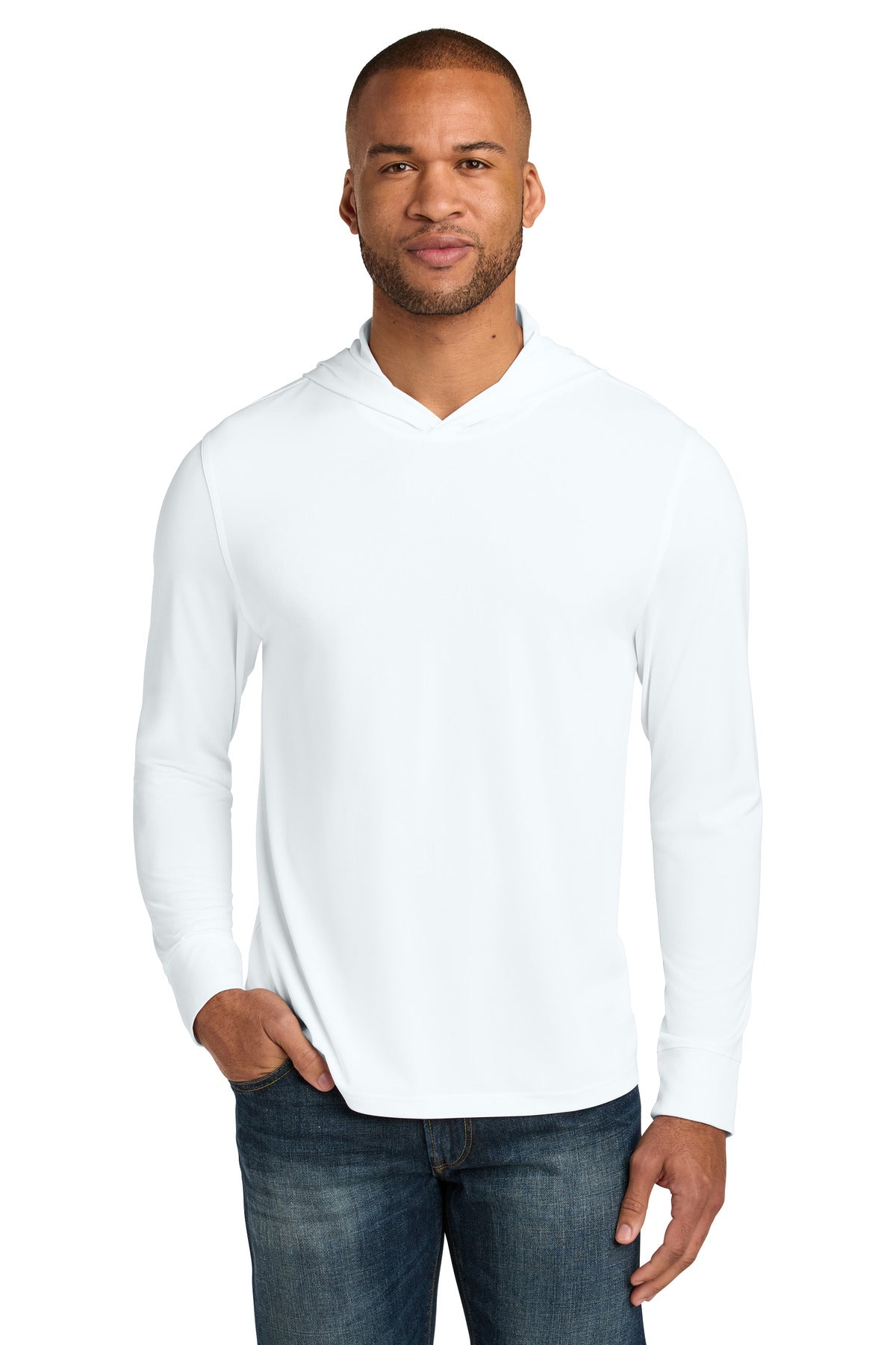 Front View of White CornerStone Workwear Pro Long Sleeve Hooded Tee CS440LSH