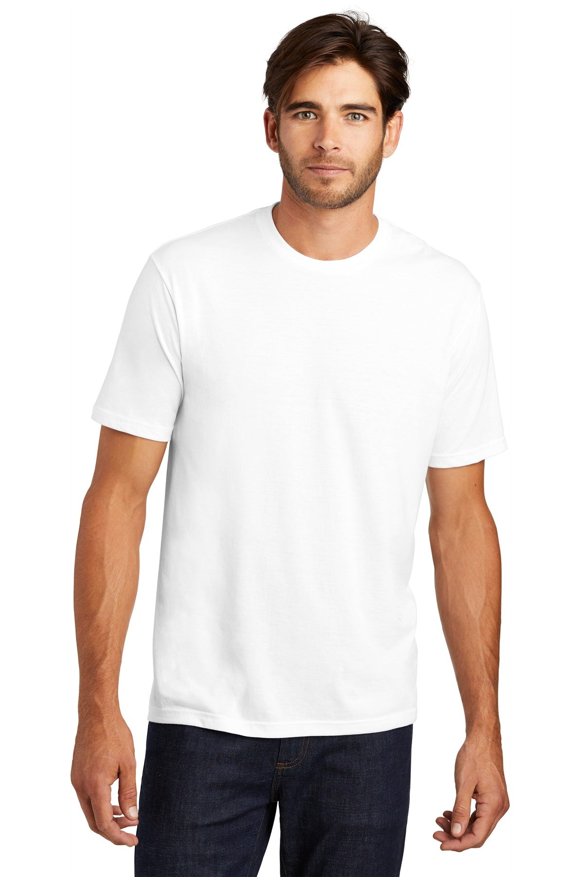 Front View of White District Perfect Tri Tee. DM130