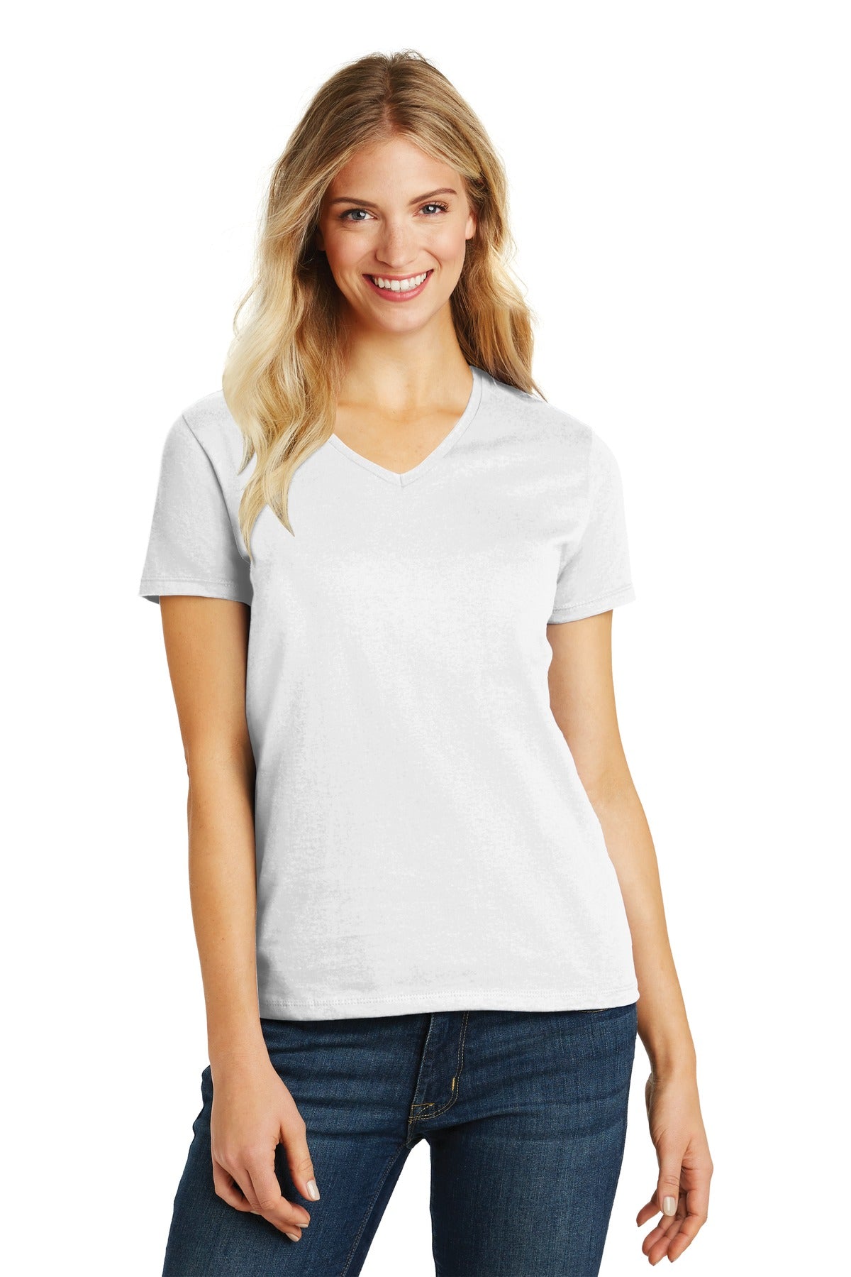 Front View of White District Women's Perfect Blend CVC V-Neck Tee. DM1190L
