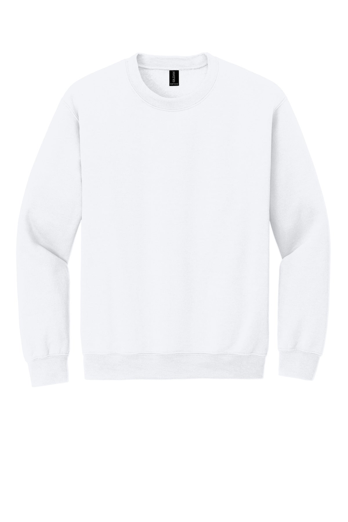 Front View of White Gildan Heavy Blend Crewneck Sweatshirt. 18000