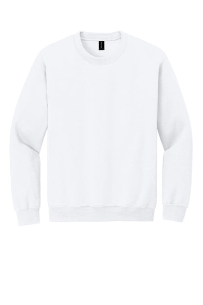 Front View of White Gildan Heavy Blend Crewneck Sweatshirt. 18000