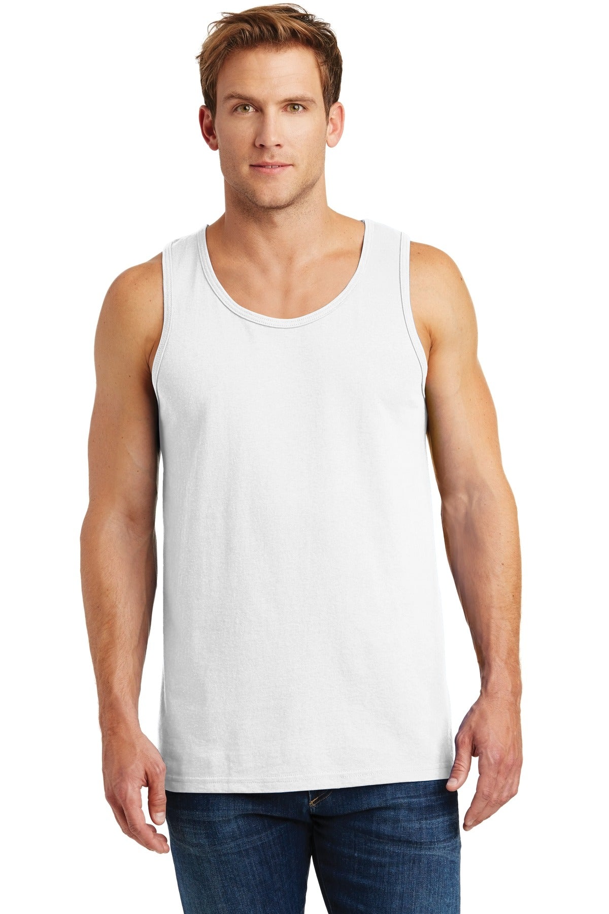 Front View of White Gildan Heavy Cotton Tank Top. G5200