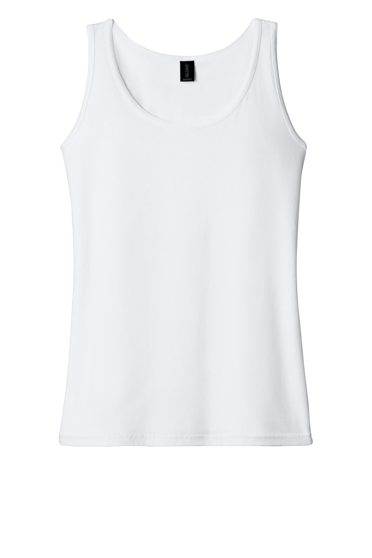 Front View of White Gildan Softstyle Junior Fit Tank Top. 64200L