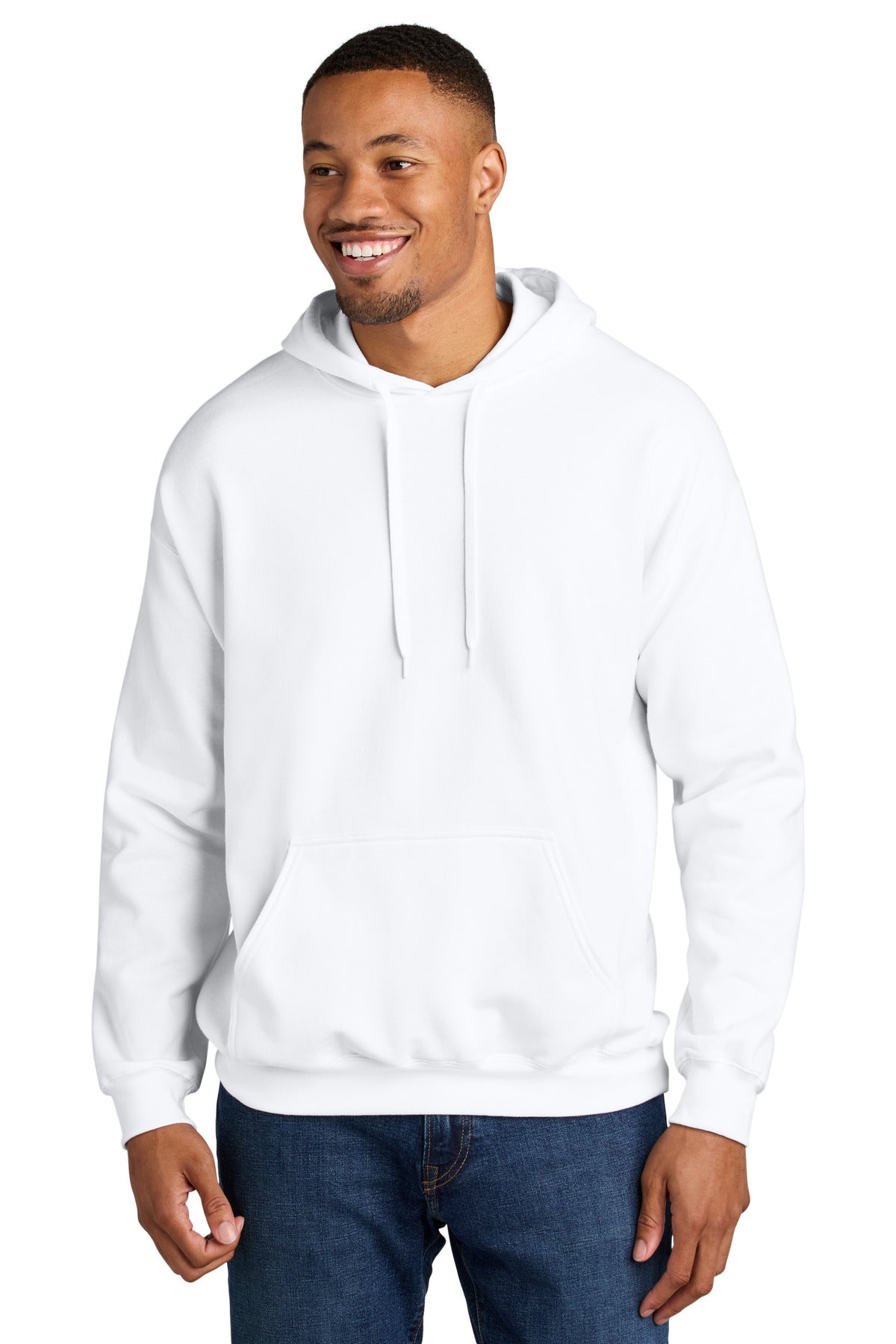 Front View of White Gildan Softstyle Midweight Pullover Hooded Sweatshirt SF500