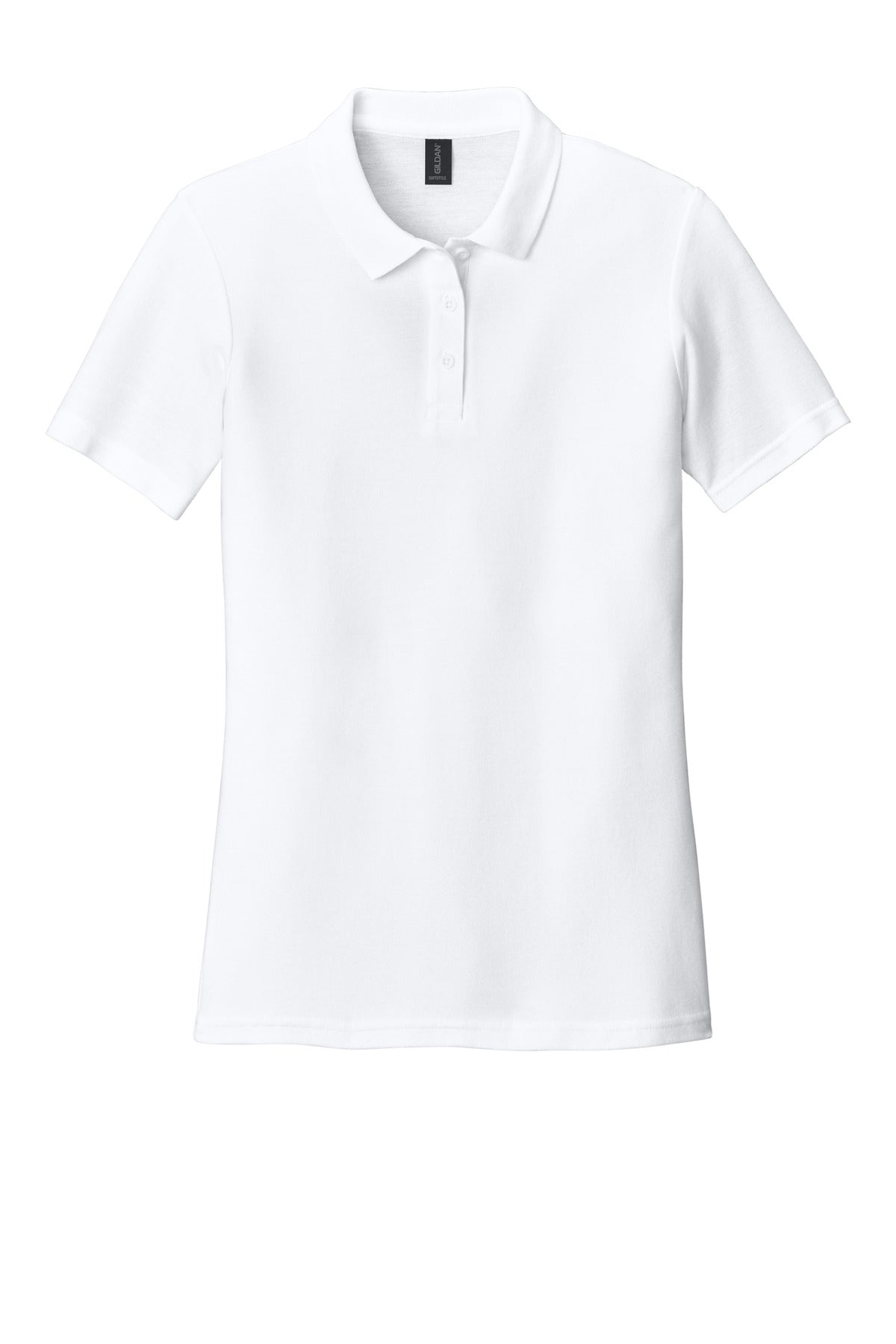 Front View of White Gildan Softstyle Women's Pique Polo 64800L