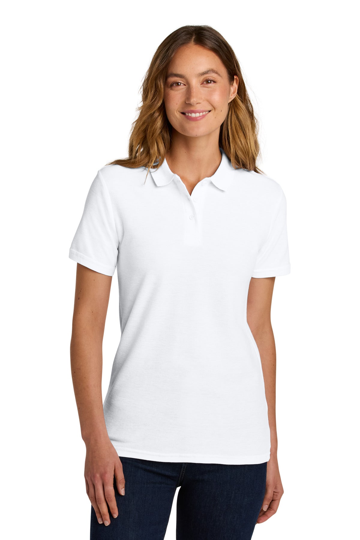 Front View of White Gildan Softstyle Women's Pique Polo 64800L