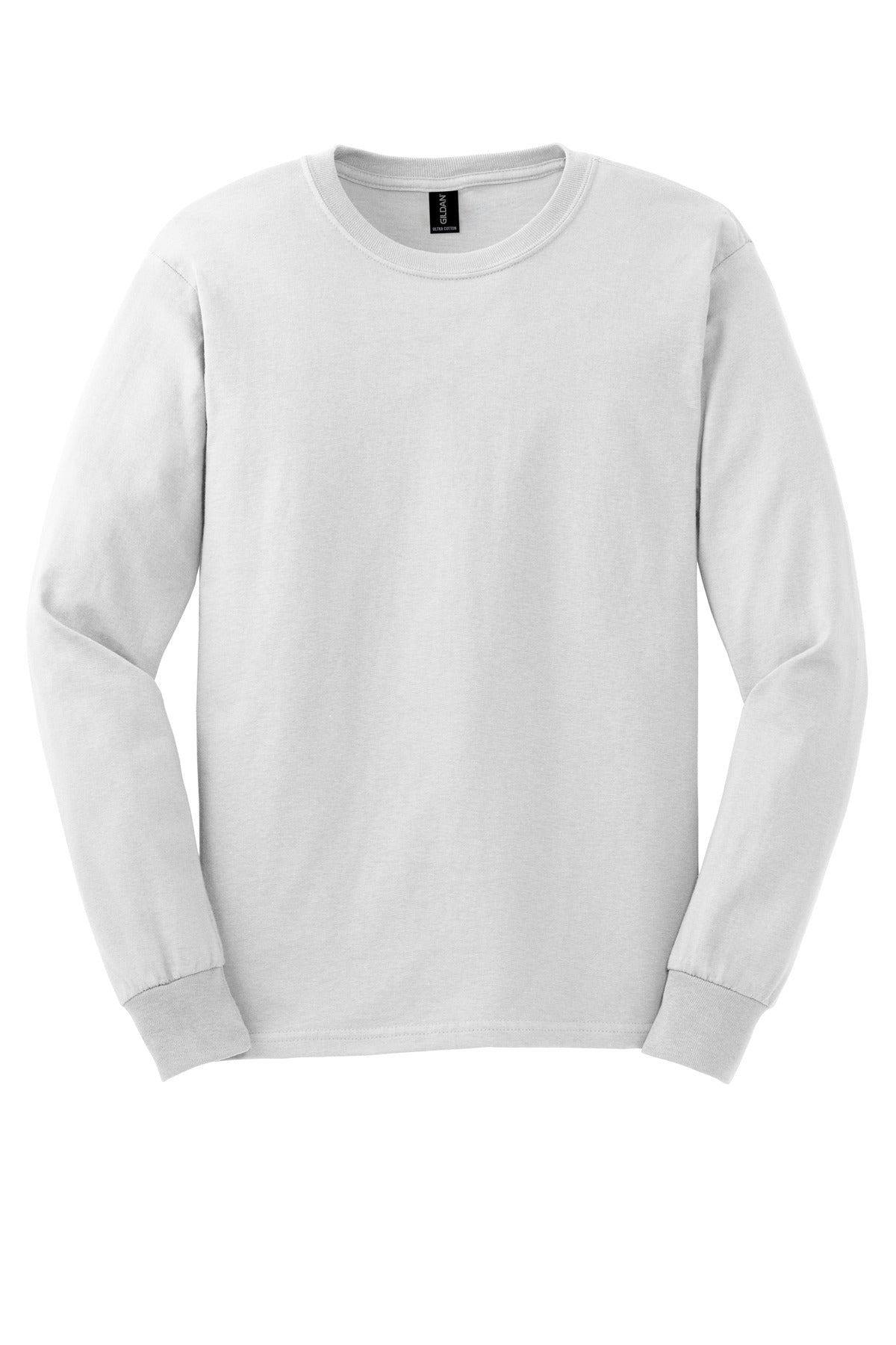 Front View of White Gildan - Ultra Cotton 100% US Cotton Long Sleeve T-Shirt. G2400