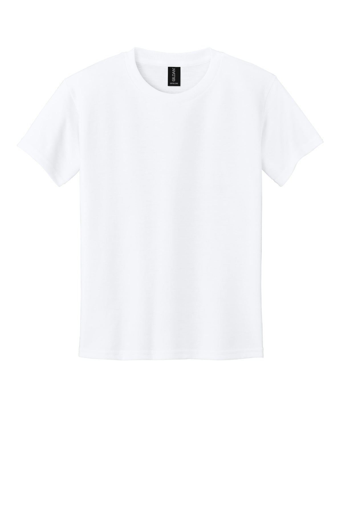 Front View of White Gildan Youth DryBlend 50 Cotton/50 Poly T-Shirt. 8000B