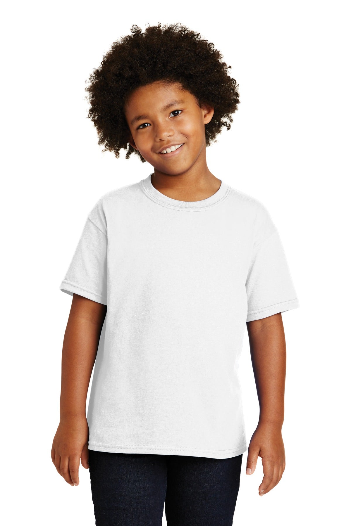Front View of White Gildan - Youth Heavy Cotton 100% Cotton T-Shirt. 5000B