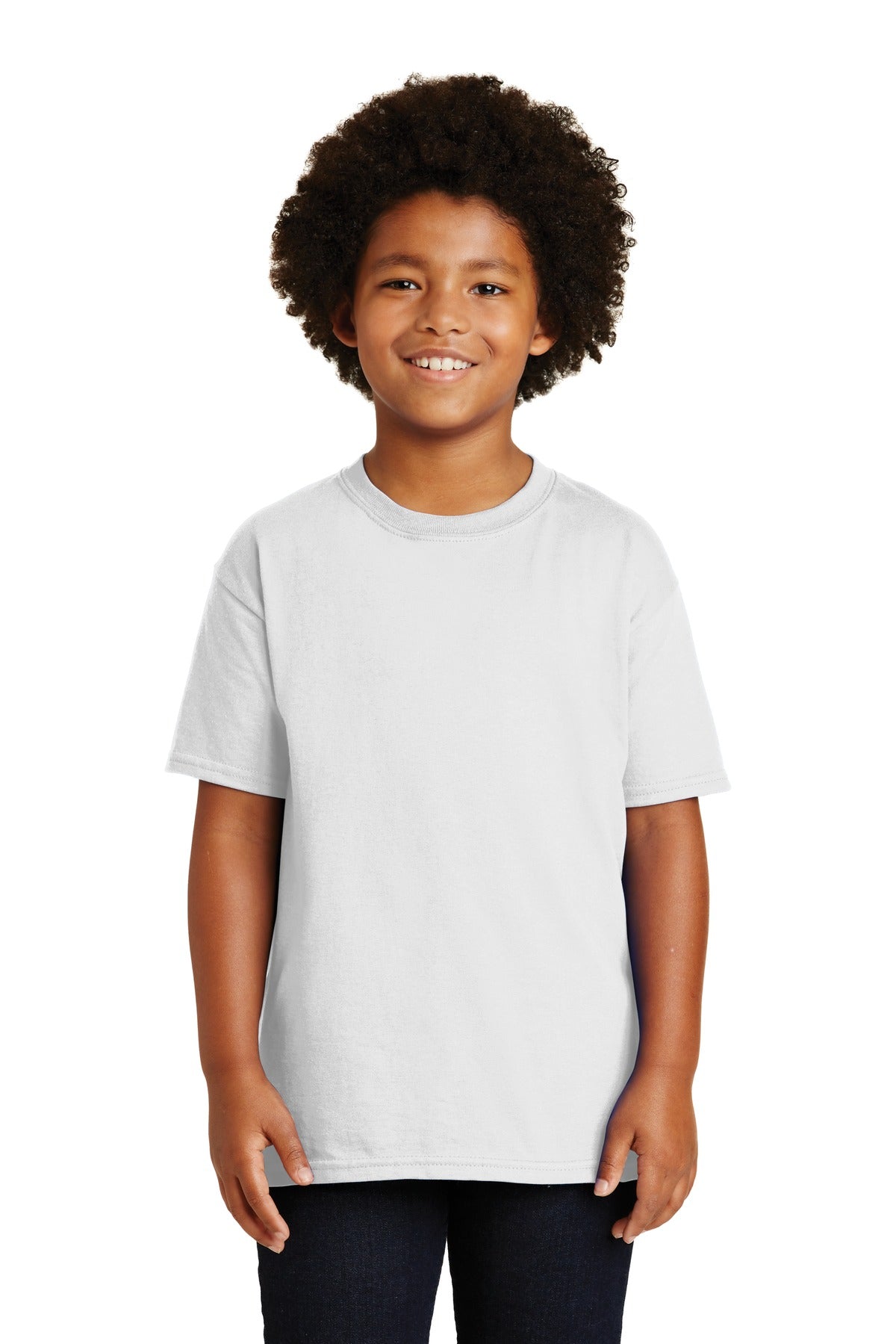 Front View of White Gildan - Youth Ultra Cotton 100% US Cotton T-Shirt. 2000B